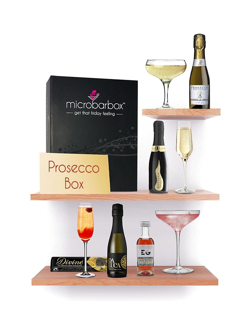 MicroBarBox Prosecco gift set with raspberry gin and chocolates, imported from the UK