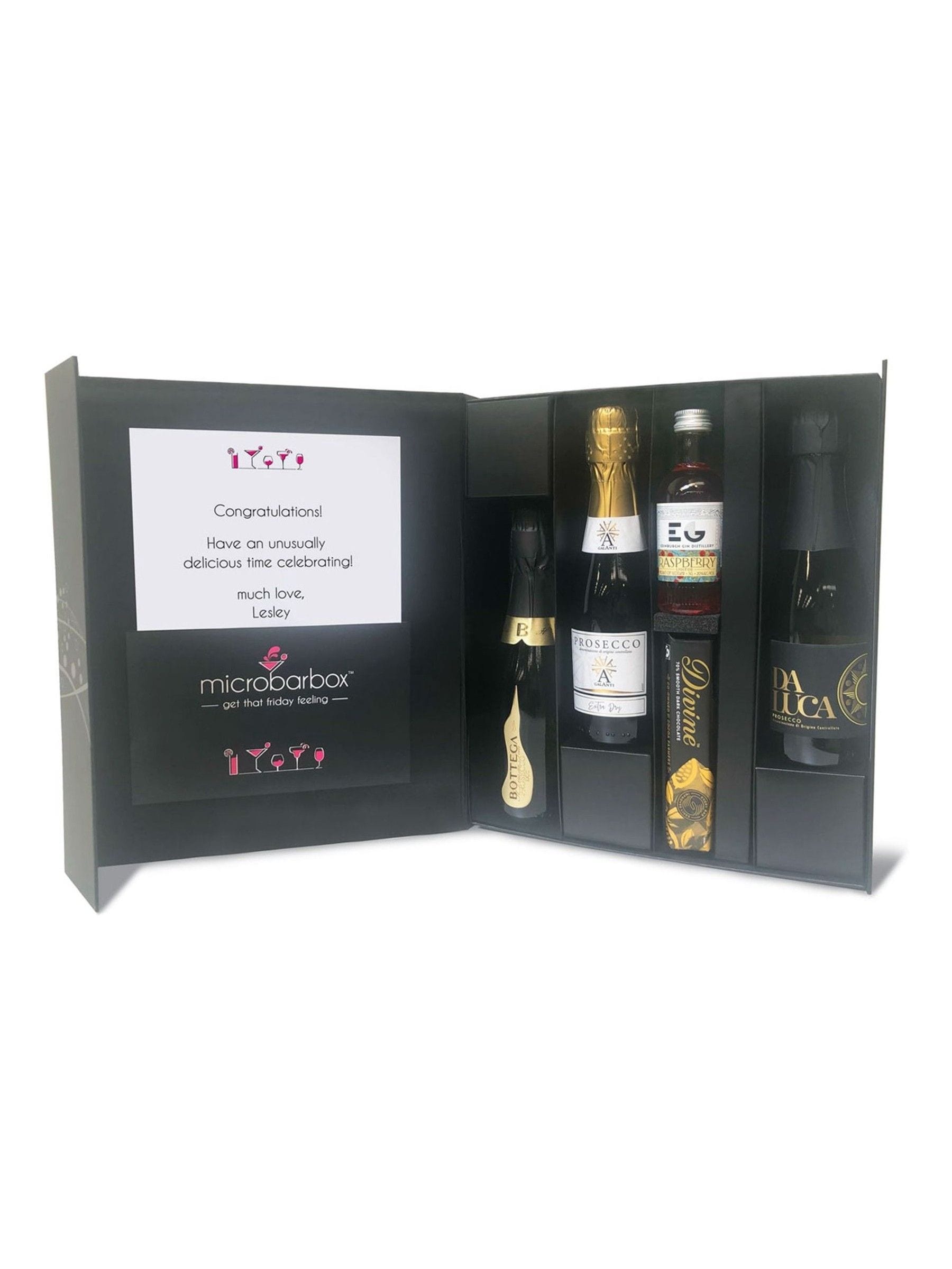 MicroBarBox Prosecco gift set with raspberry gin and chocolates, imported from the UK