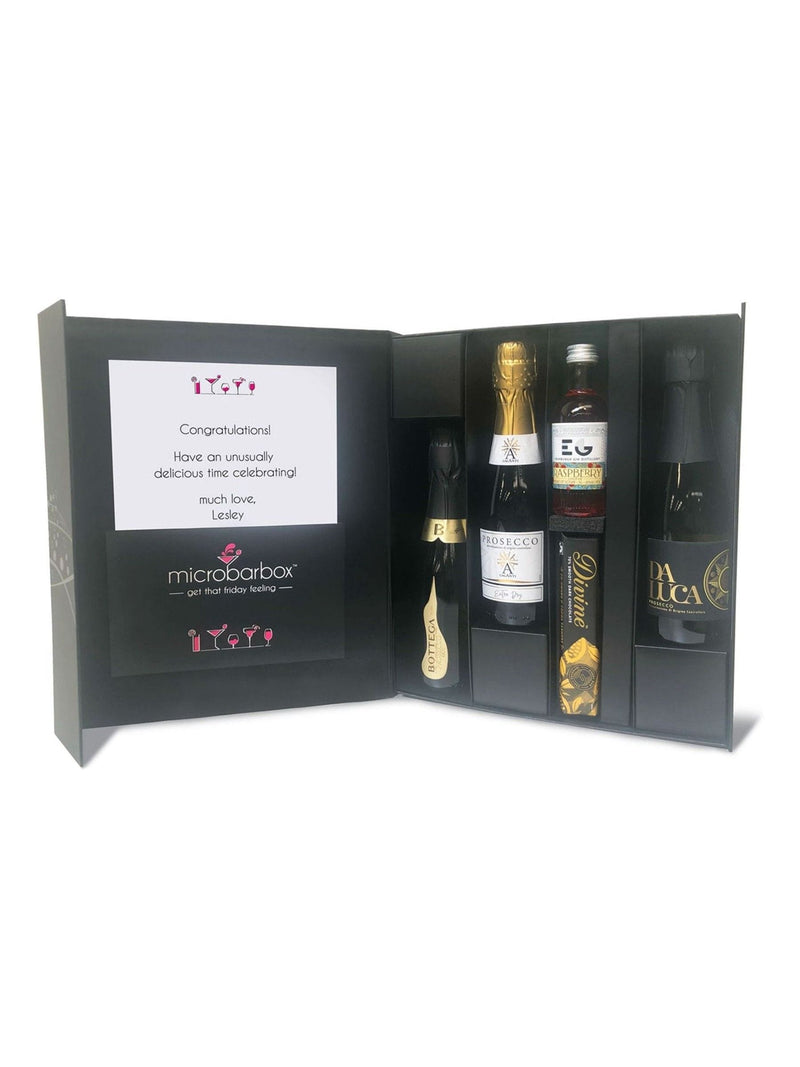 MicroBarBox Prosecco gift set with raspberry gin and chocolates, imported from the UK