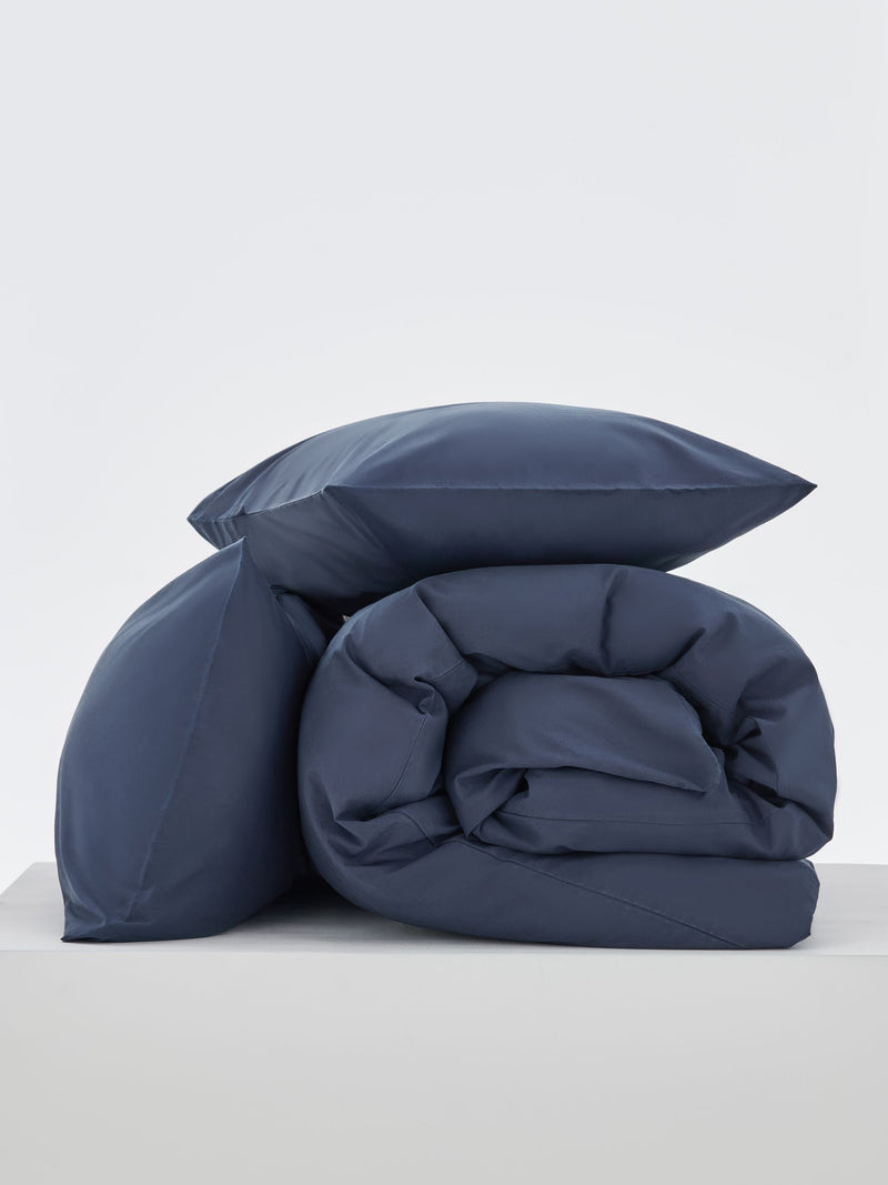 Navy blue polycotton duvet cover and pillowcase set, imported from the UK