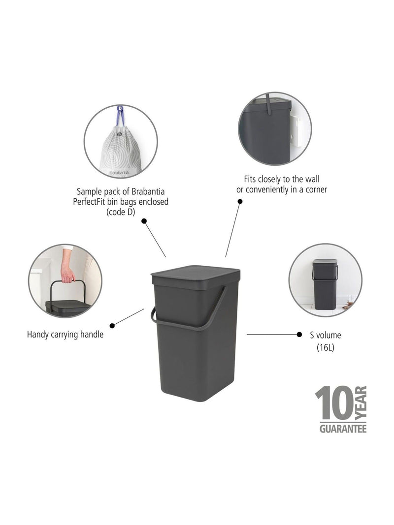 Brabantia Grey Sort & Go 16L waste bin - British product