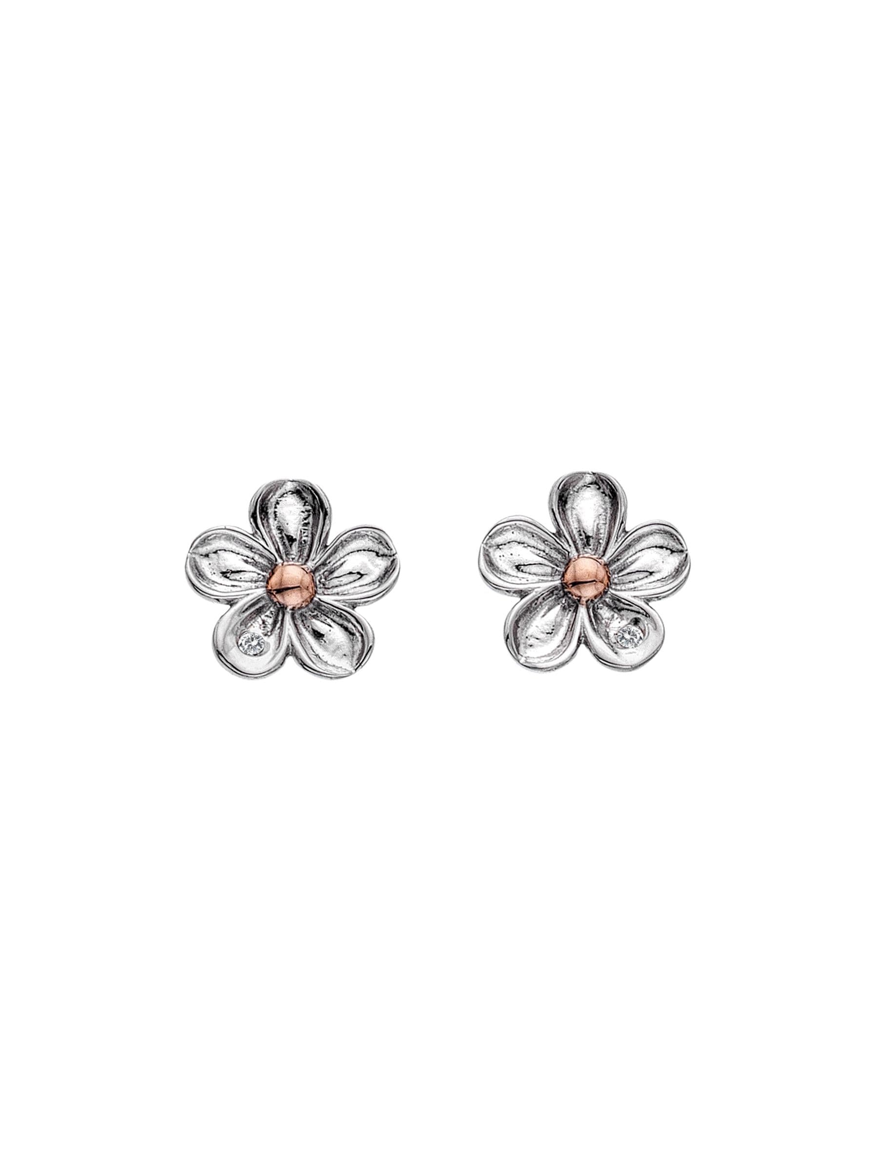 Floral Sterling Silver Earrings with Rose Gold and Diamonds, 12mm Length