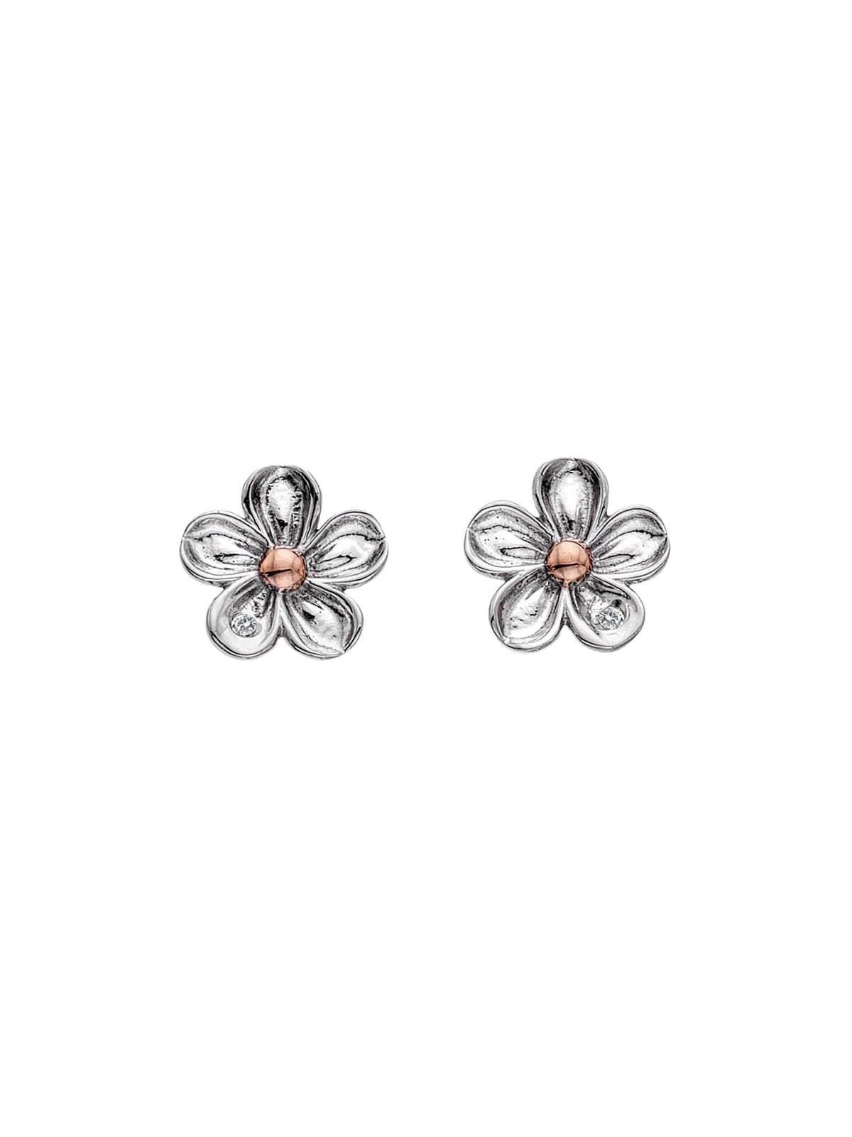 Floral Sterling Silver Earrings with Rose Gold and Diamonds, 12mm Length