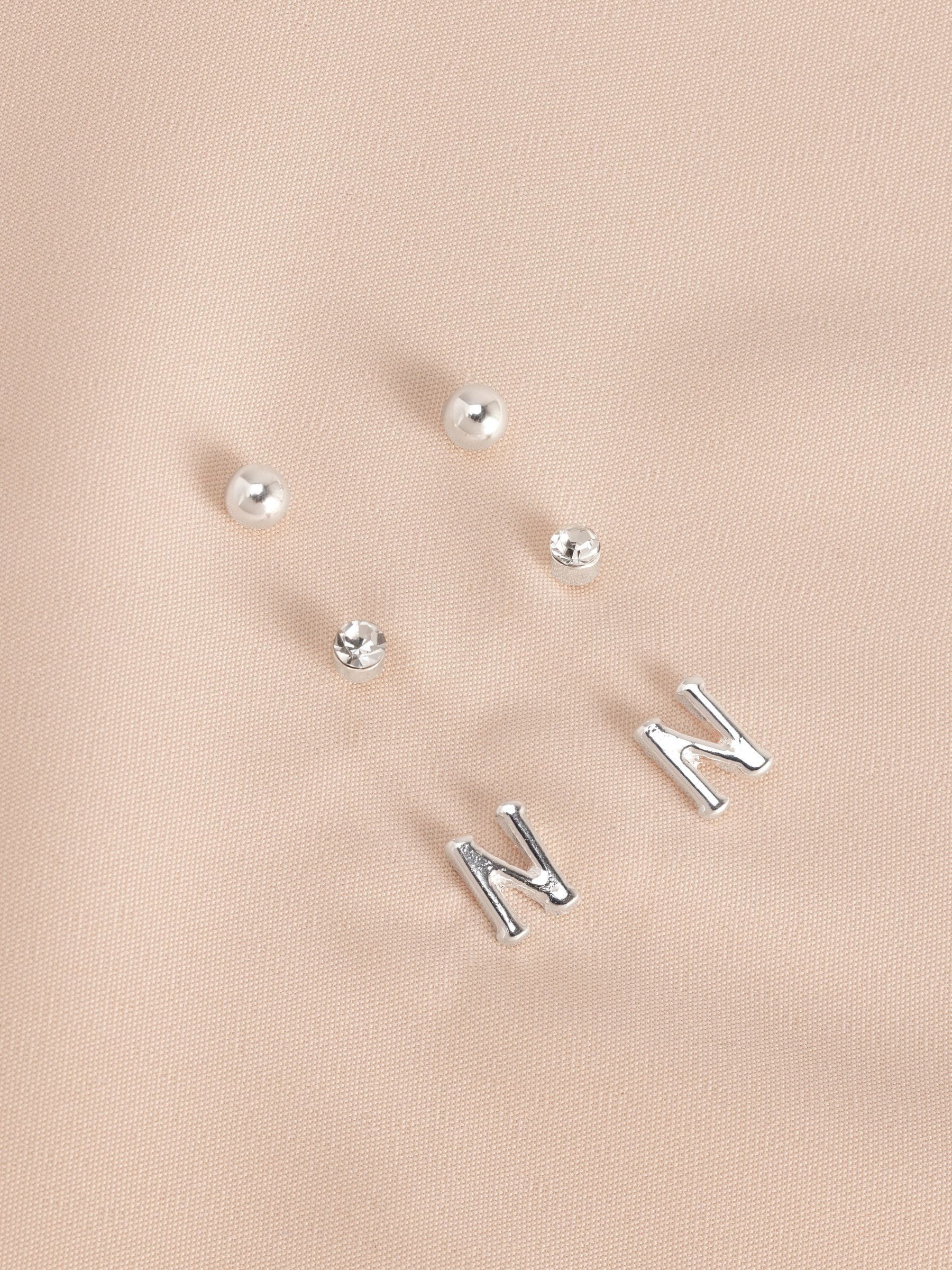 Silver tone initial stud earrings pack (British brand)