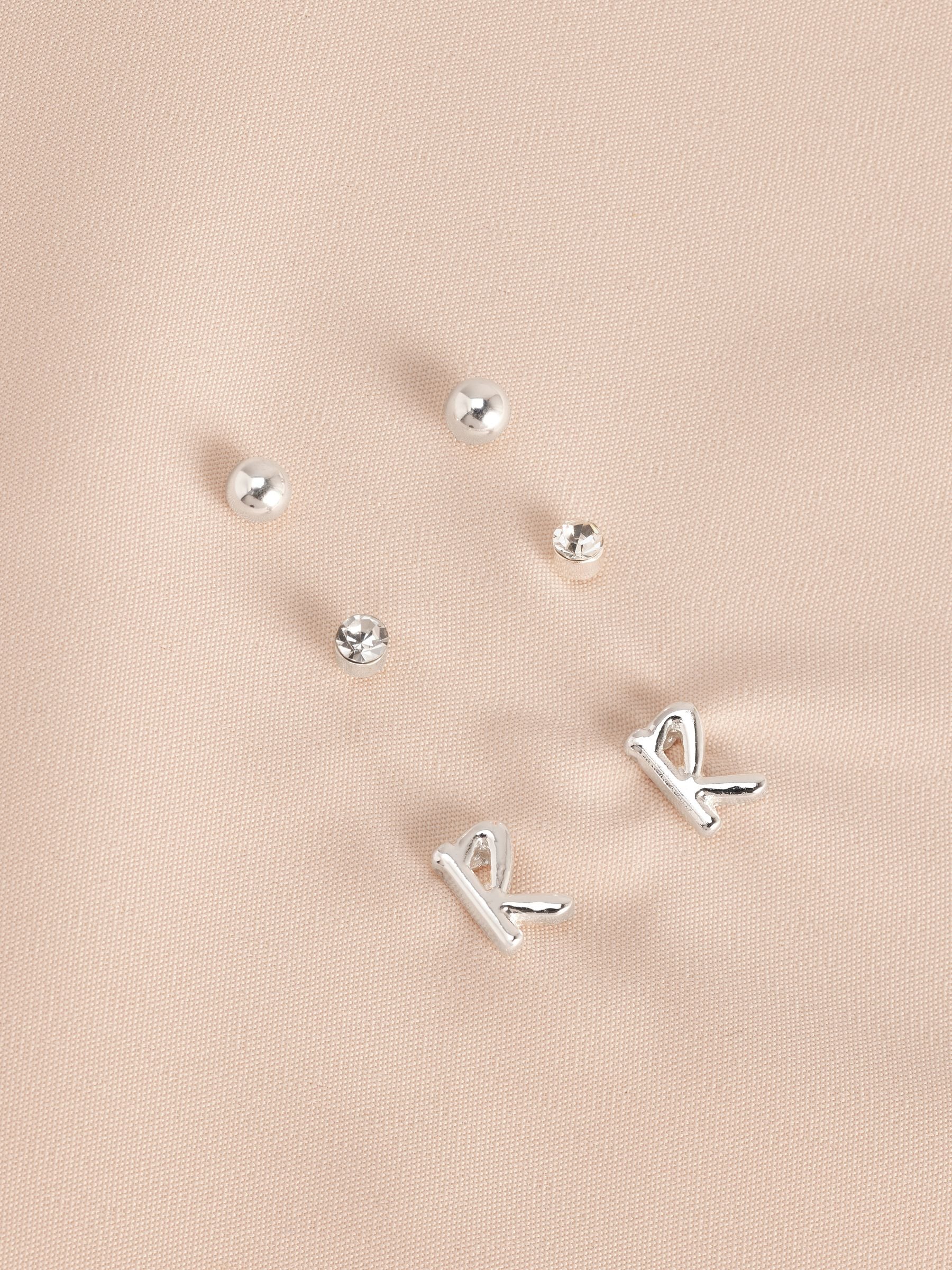 Silver tone initial stud earrings pack (British brand)