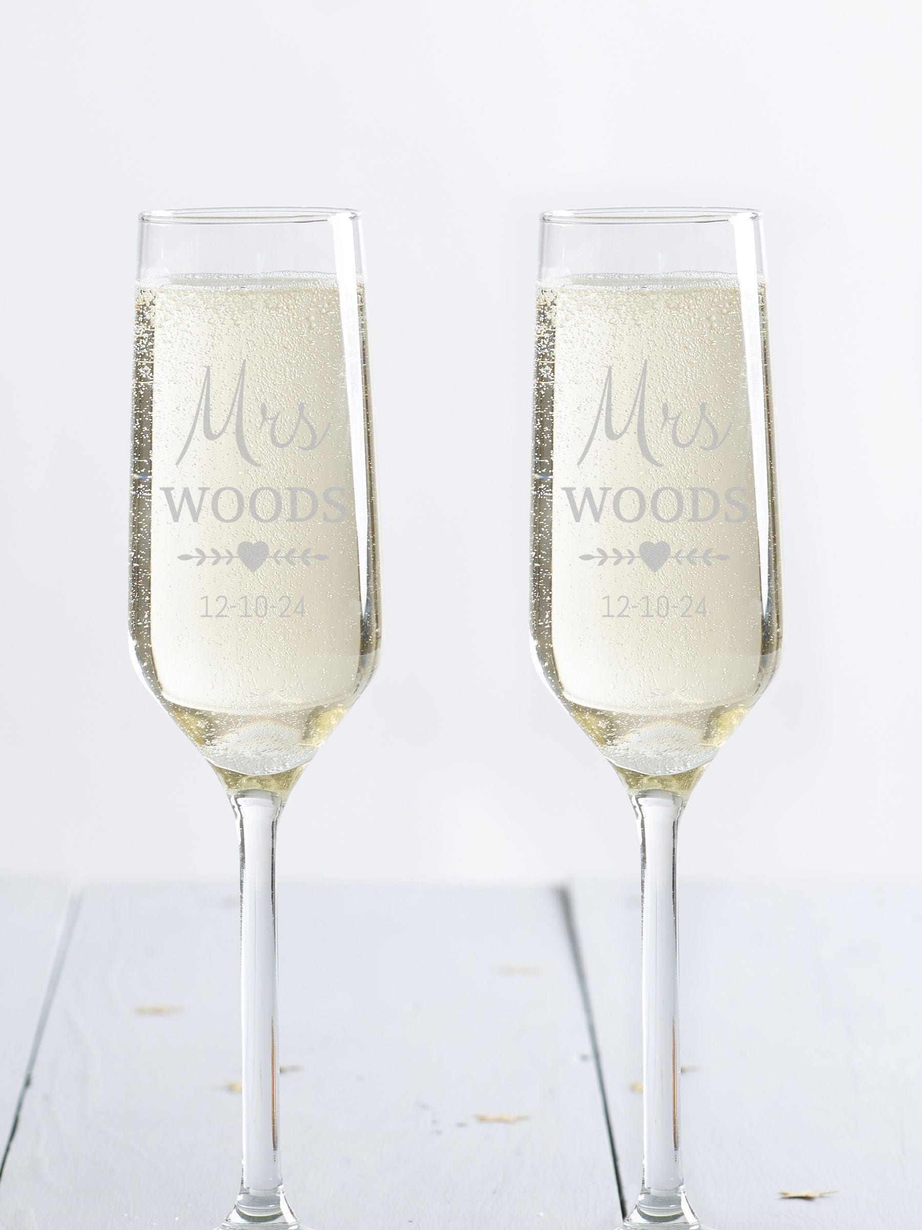 Loveabode personalised champagne flute glasses set of 2, imported from the UK