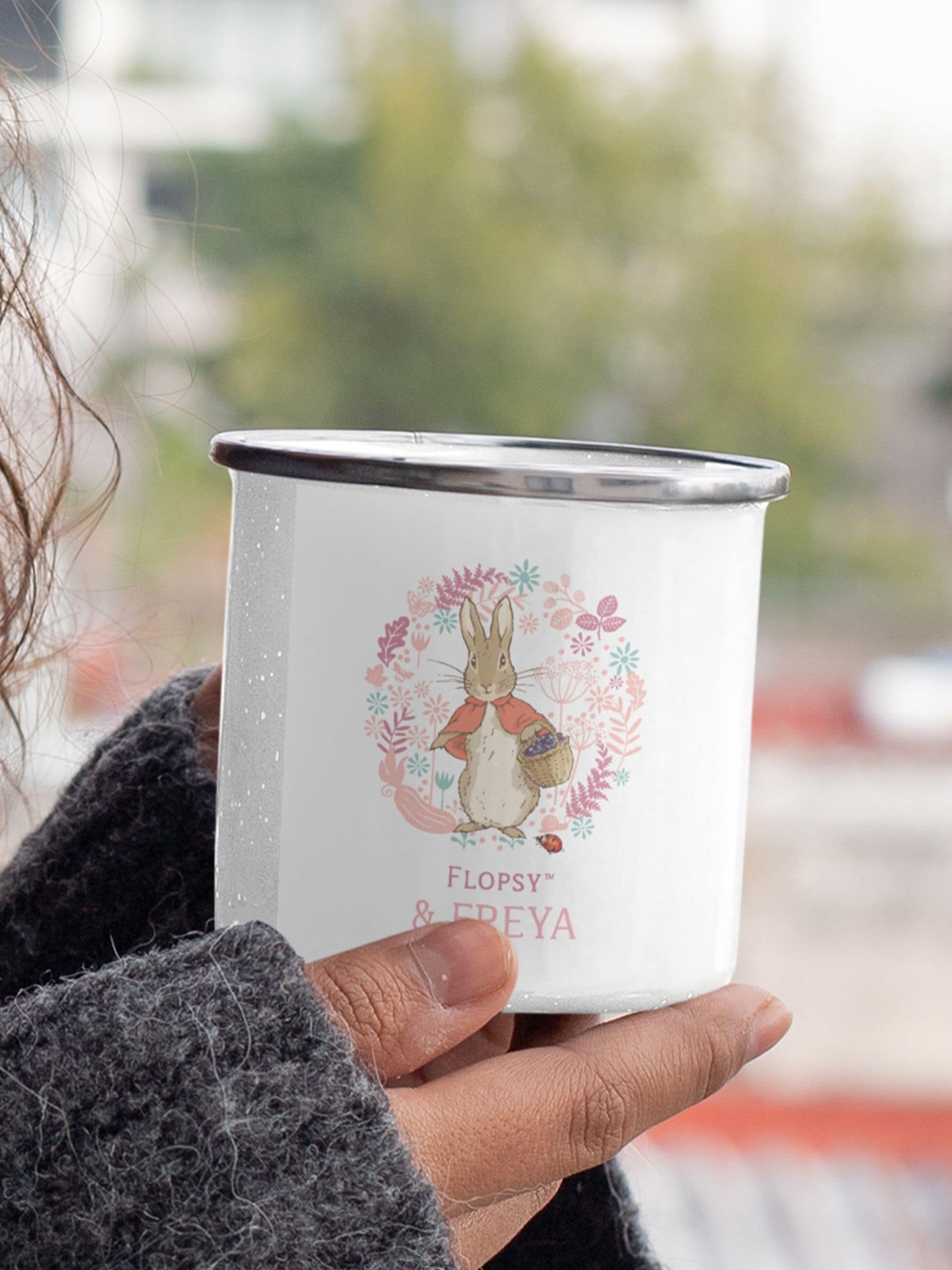 Star Editions Personalised Flopsy Bunny Enamel Mug with Peter Rabbit Design, imported from the UK