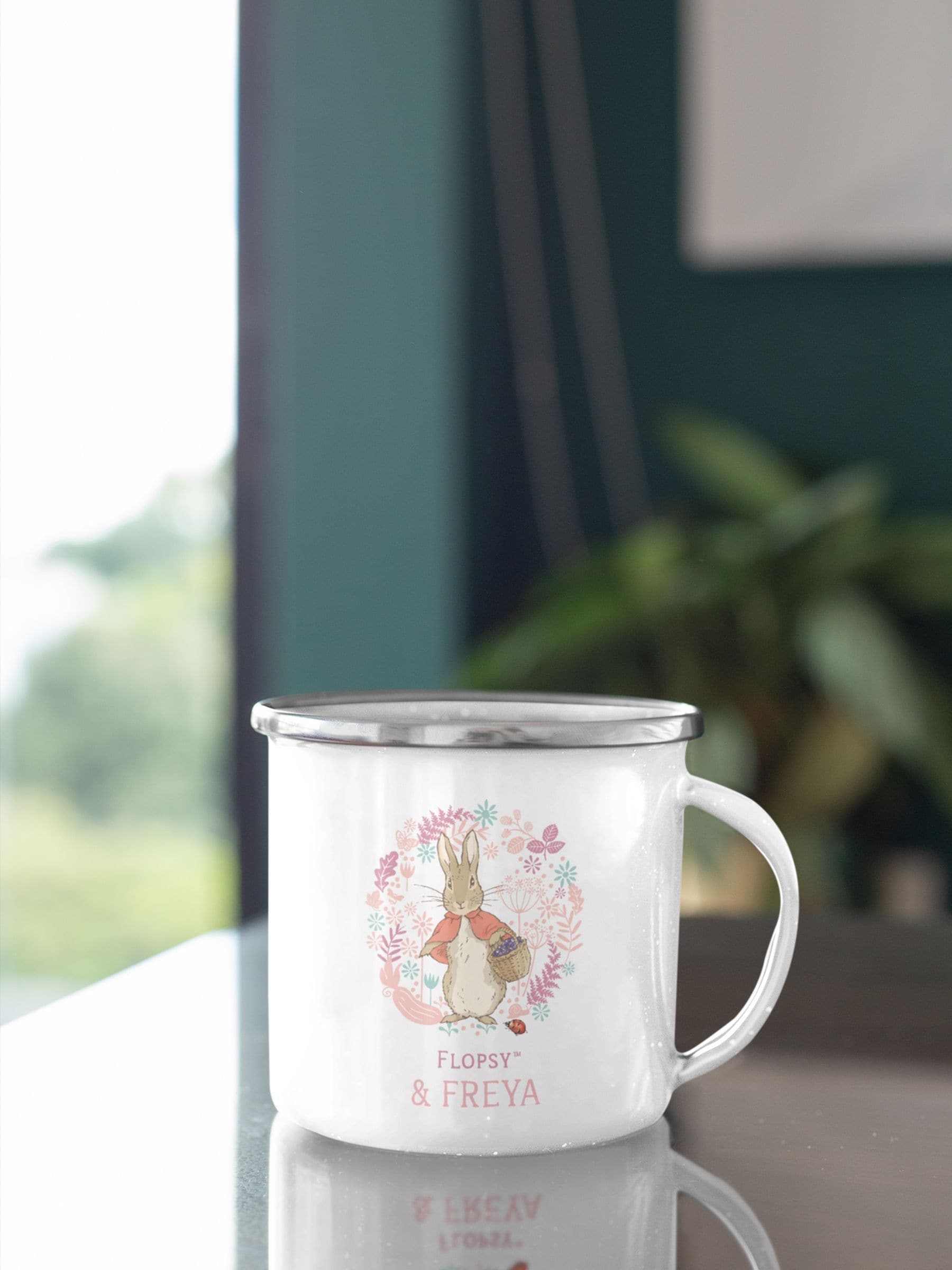 Star Editions Personalised Flopsy Bunny Enamel Mug with Peter Rabbit Design, imported from the UK