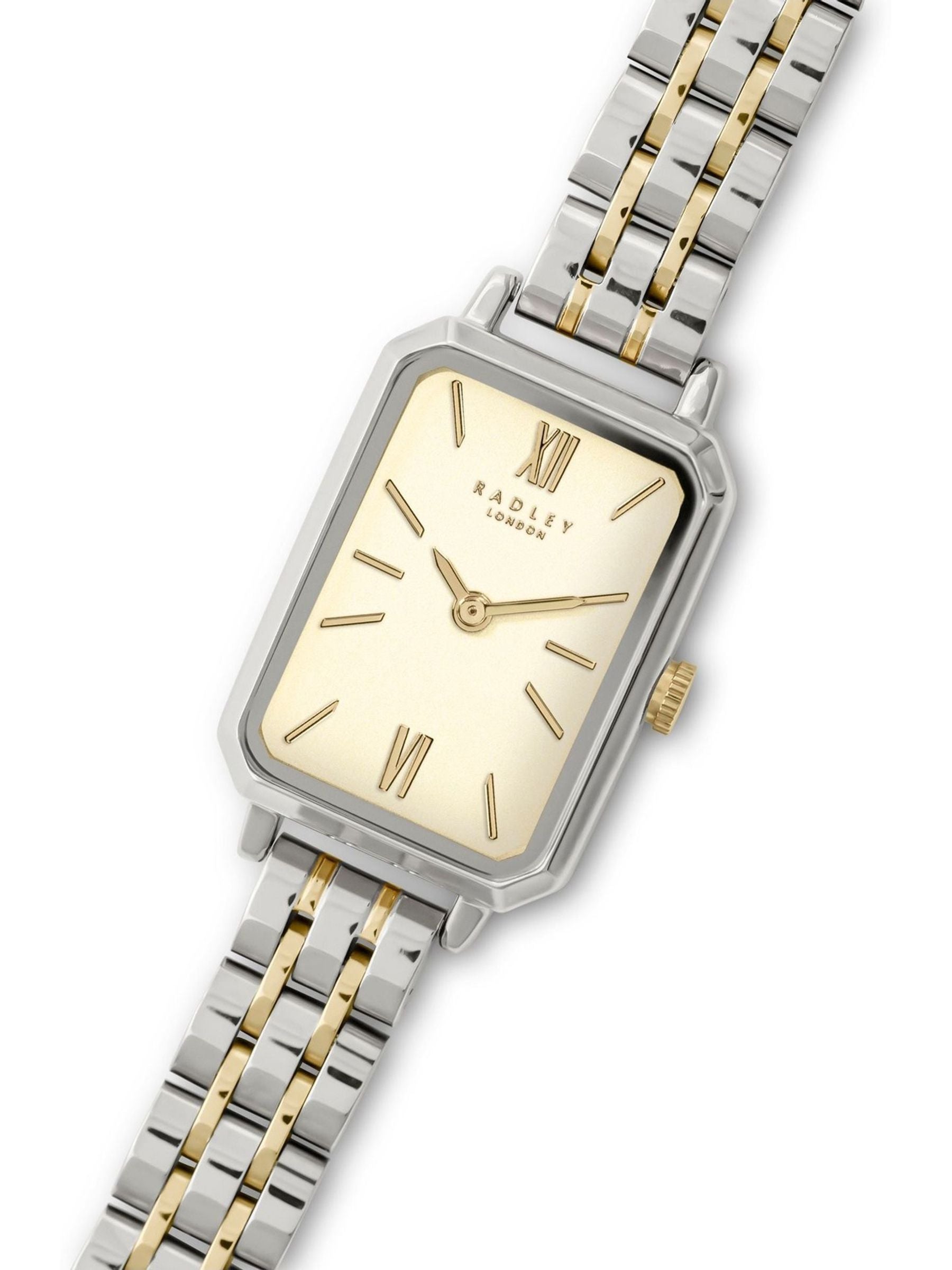 Ladies Two Tone Rectangle Bracelet Watch with Silver Case and Champagne Dial