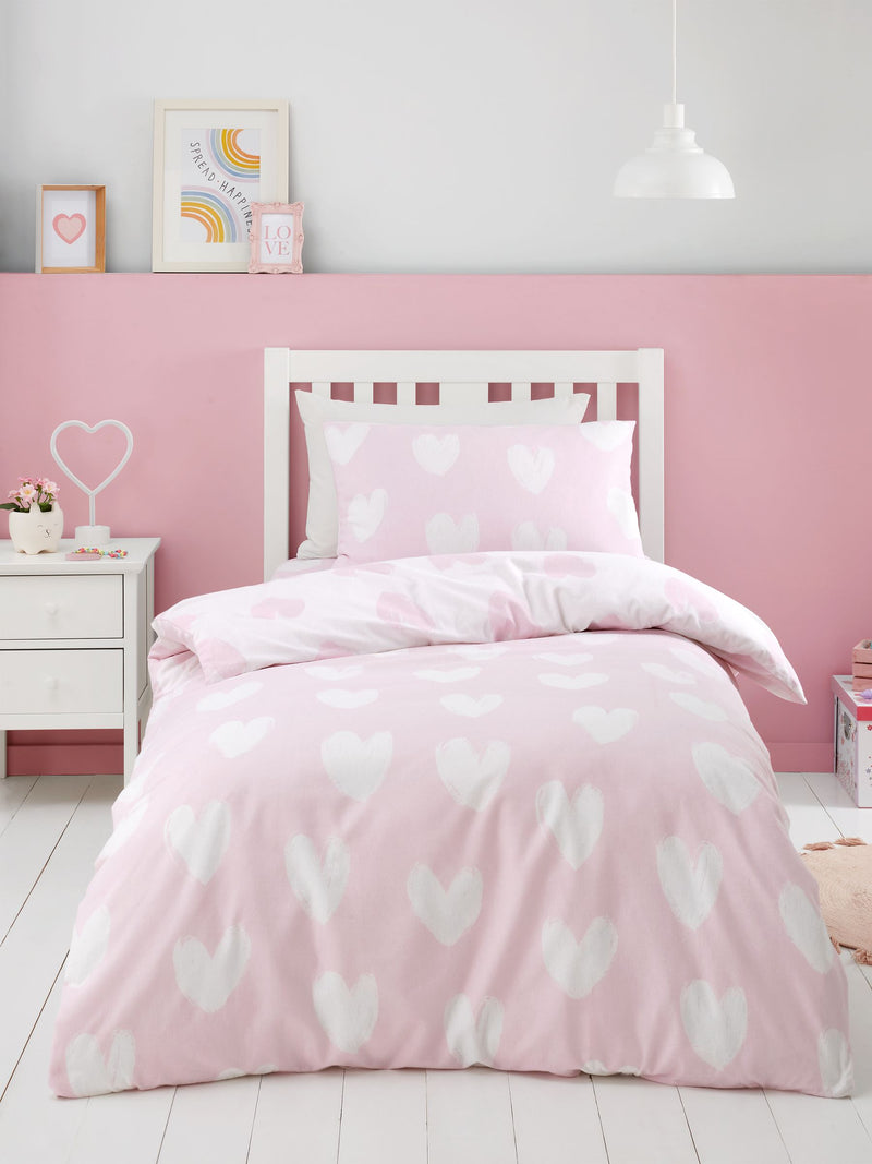 Catherine Lansfield pink supersoft brushed cotton hearts duvet cover set - British product