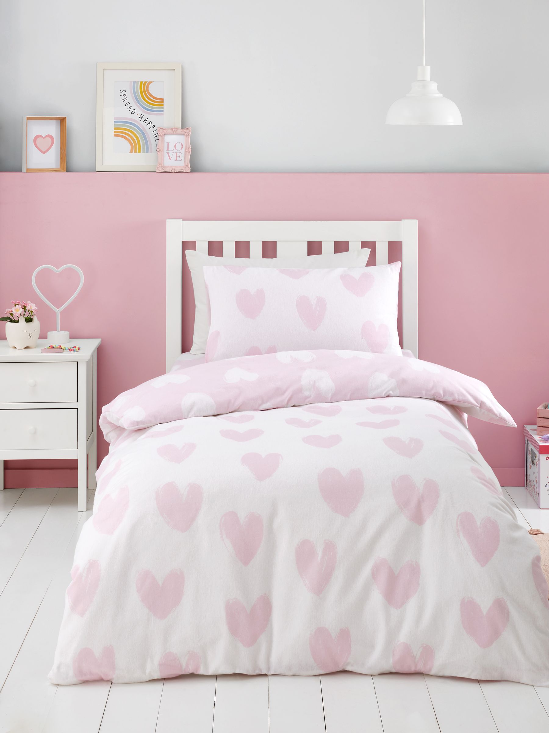 Catherine Lansfield pink supersoft brushed cotton hearts duvet cover set - British product