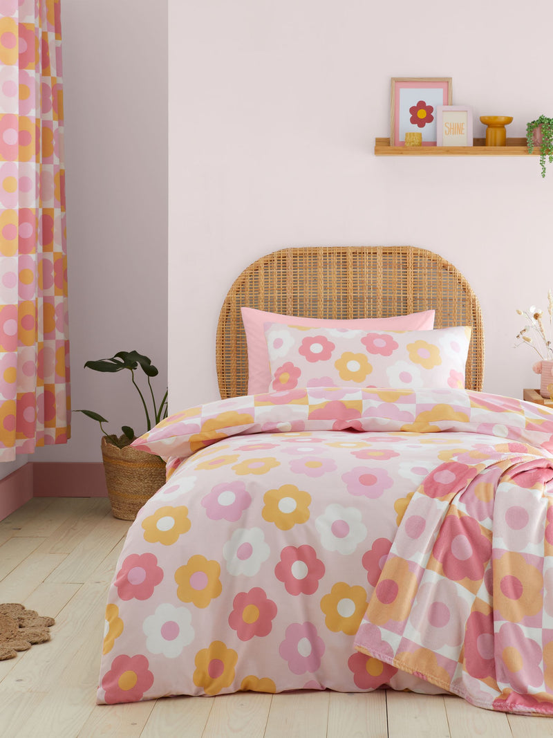 Catherine Lansfield pink retro daisy reversible duvet cover set - British product