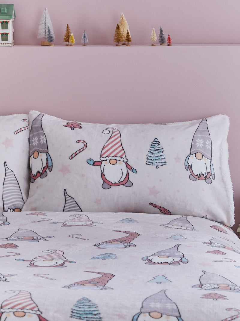 Catherine Lansfield Blush Pink Christmas Festive Gonk Cosy Fleece Duvet Cover Set - British product