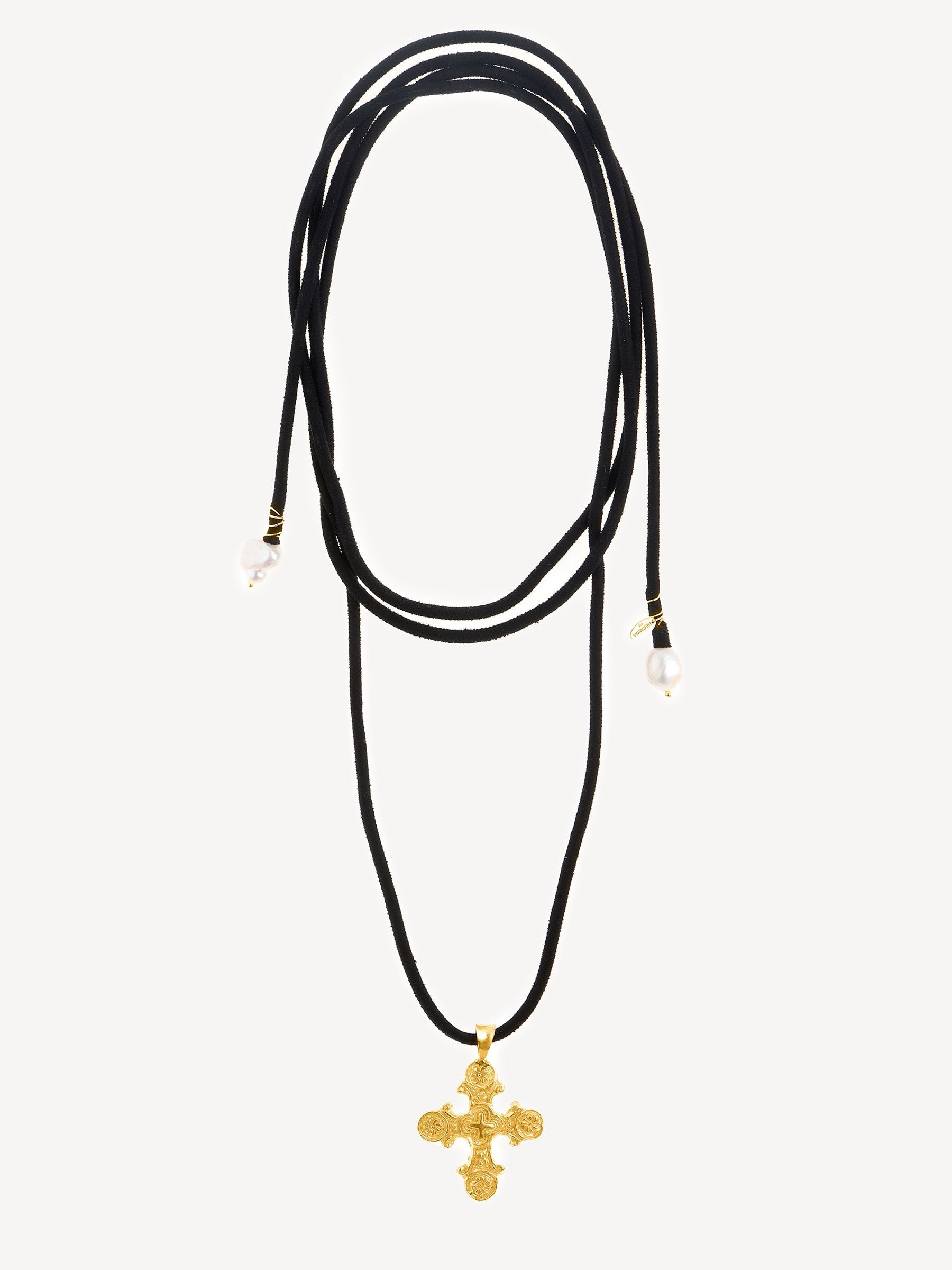 Gold Plated Cross Charm Necklace with Zirconia Stars and Suede Cord