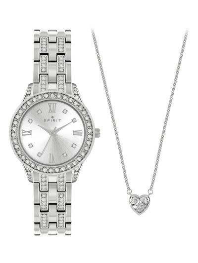 Spirit Ladies Silver Tone Bracelet Watch and Heart-Shaped Stone Necklace Fashion Jewellery Set