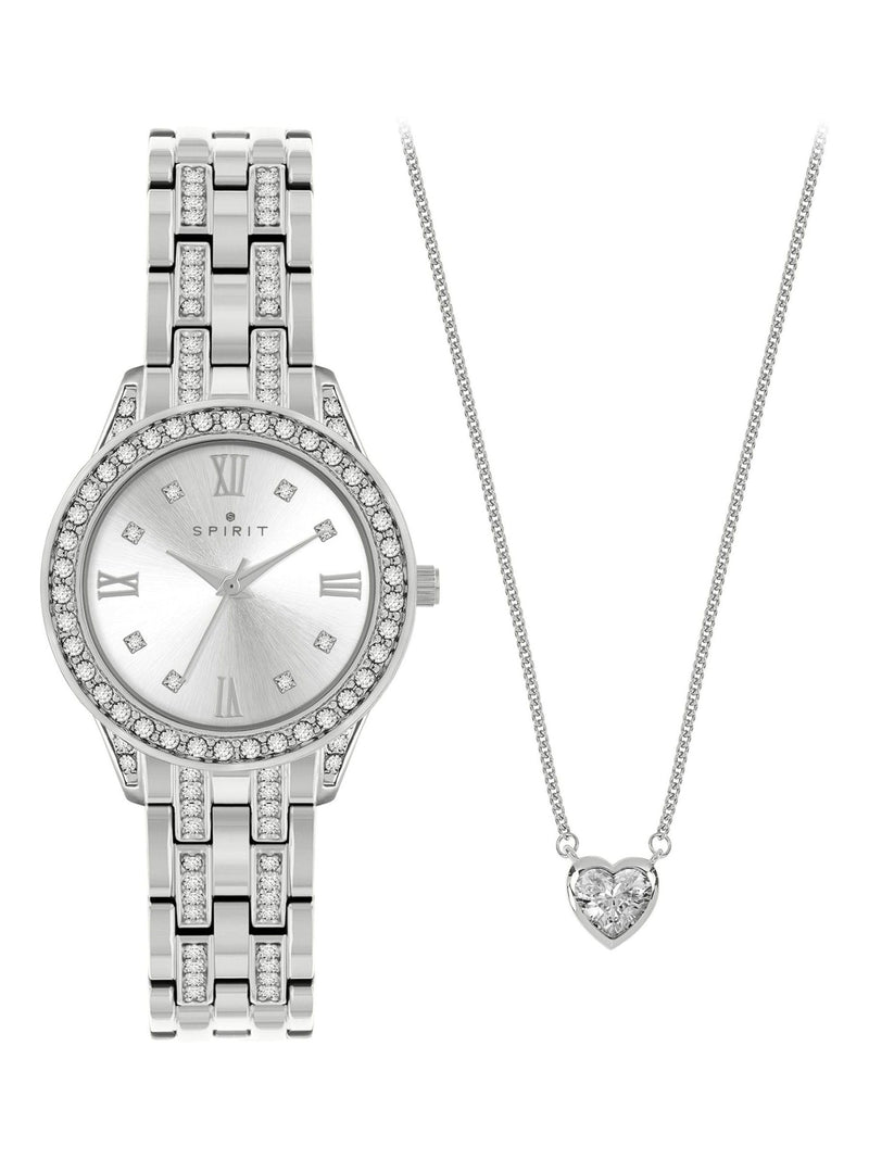 Spirit Ladies silver tone bracelet watch and heart-shaped stone necklace set (British brand)