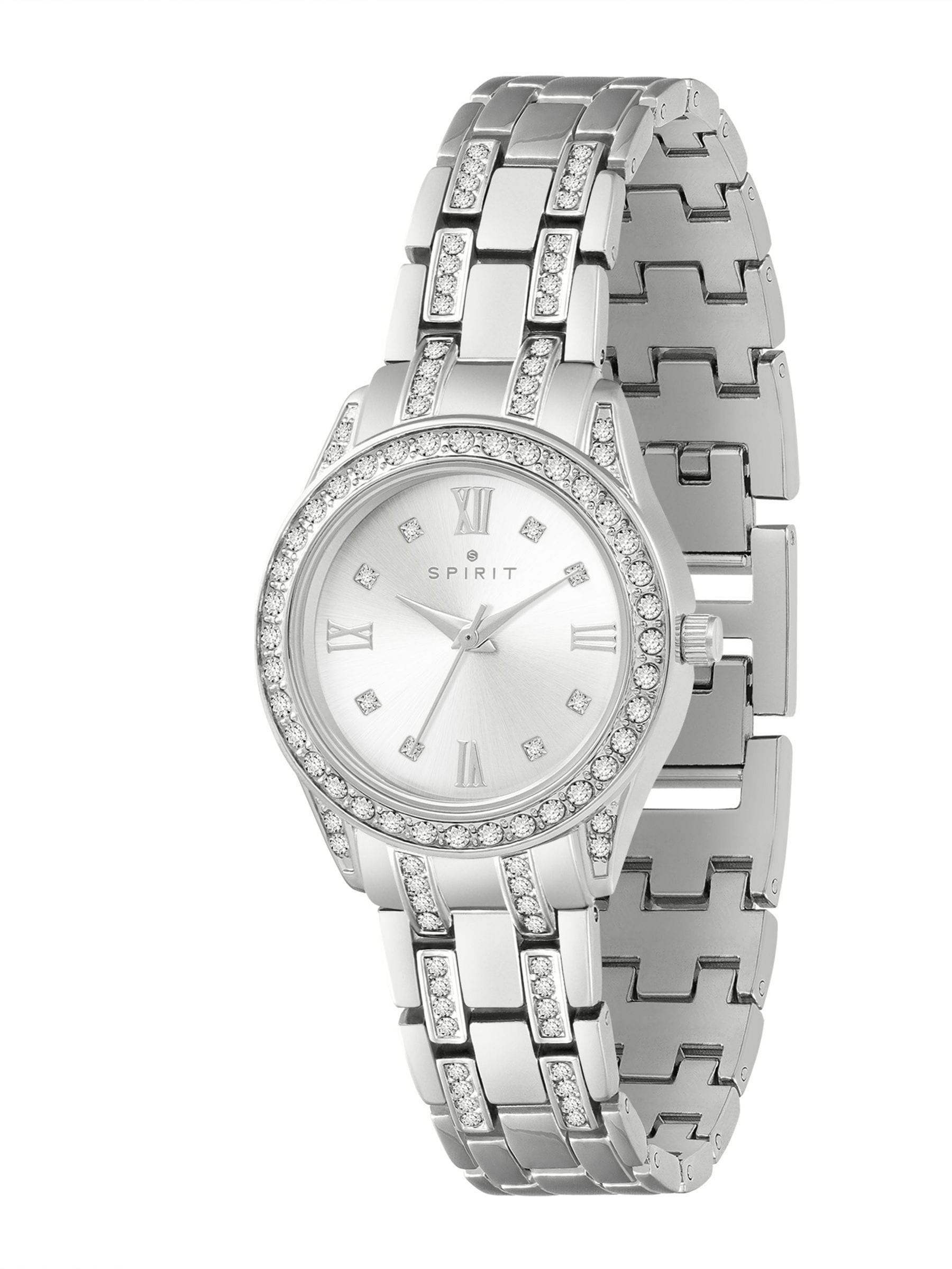 Spirit Ladies silver tone bracelet watch and heart-shaped stone necklace set (British brand)