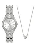 Spirit Ladies silver tone bracelet watch and heart-shaped stone necklace set (British brand)