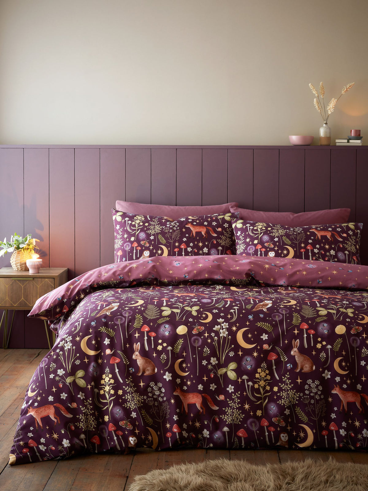 Catherine Lansfield Plum Enchanted Twilight Animals Duvet Cover and Pillowcase Set - British product