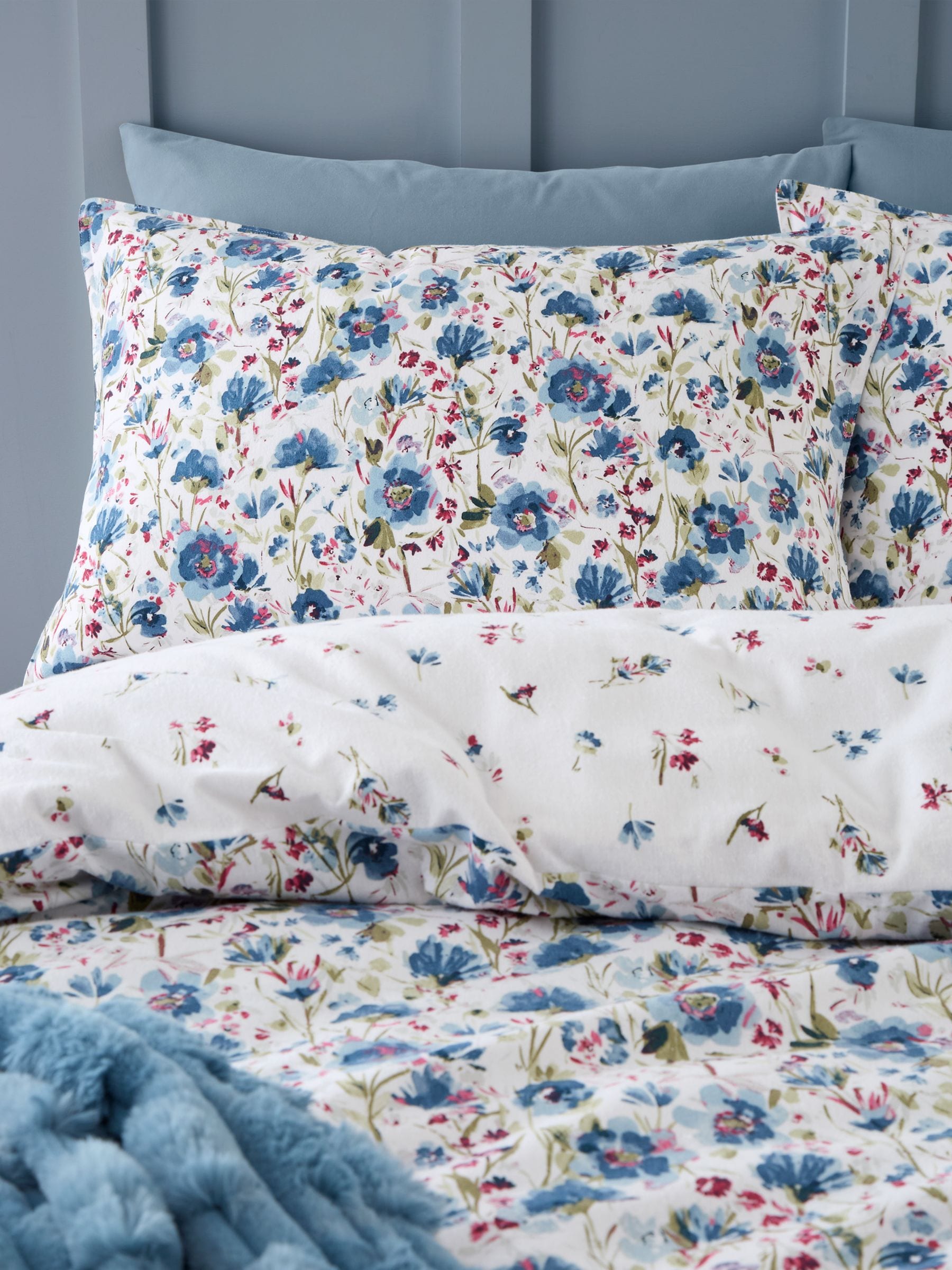 Bianca Blue Supersoft 100% Brushed Cotton Ophelia Floral Print Duvet Cover Set