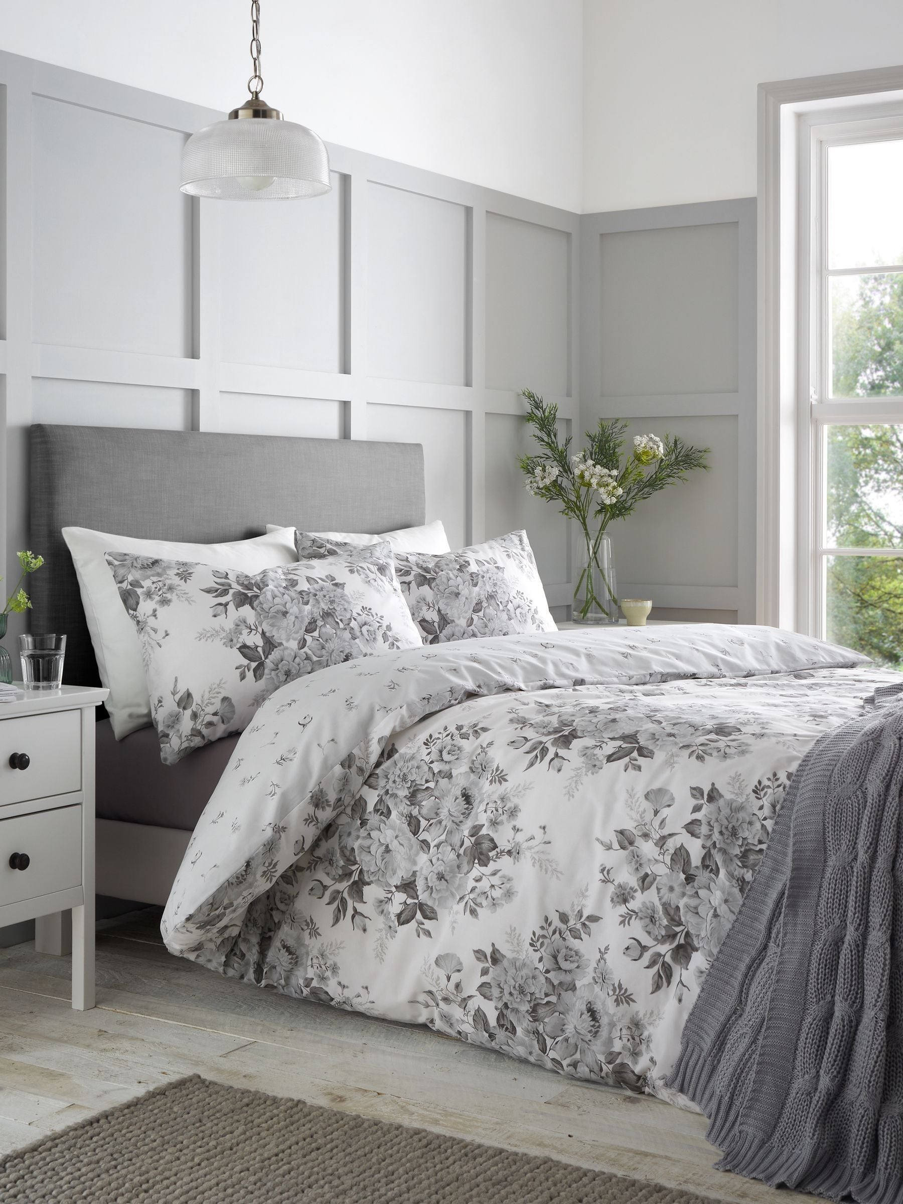 Catherine Lansfield silver grey elinda floral reversible duvet cover set - British product