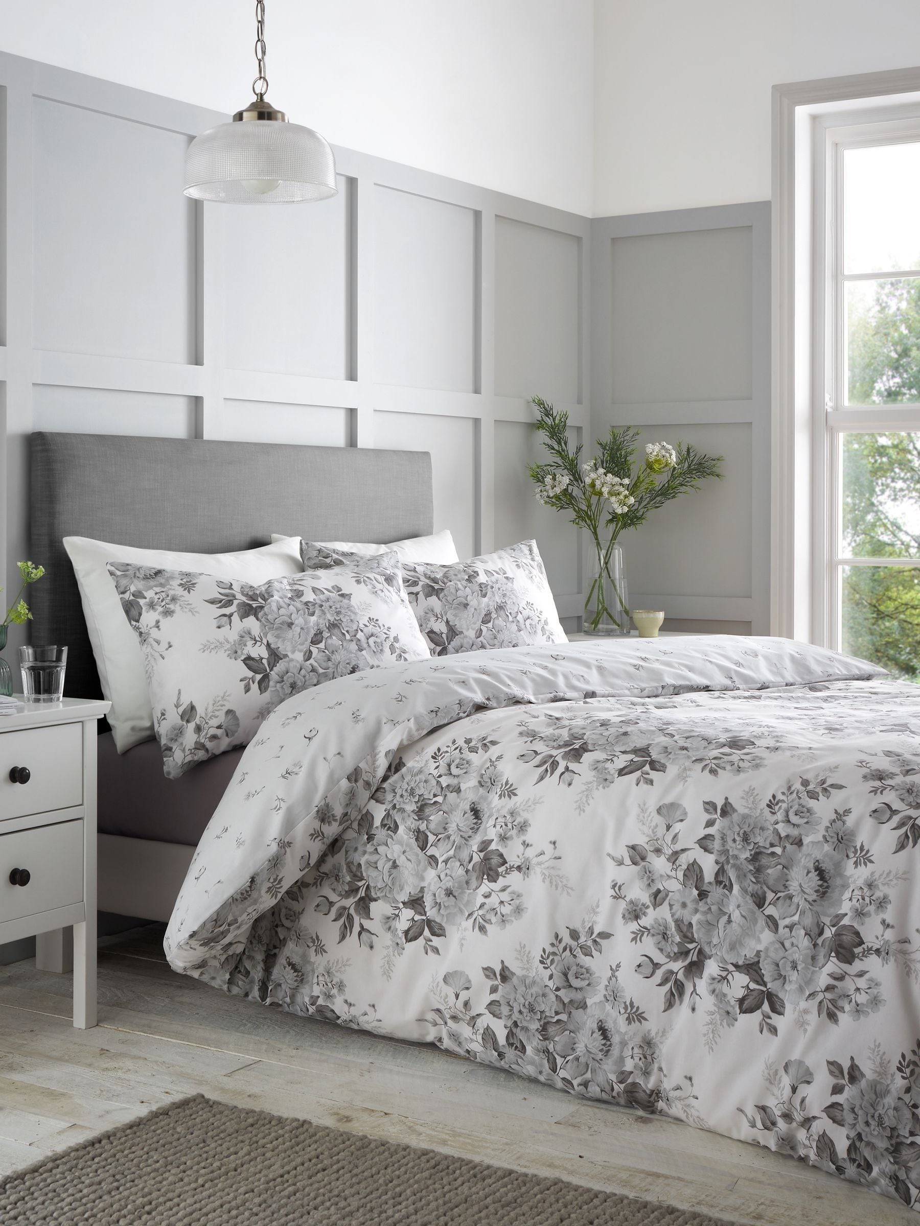Catherine Lansfield silver grey elinda floral reversible duvet cover set - British product