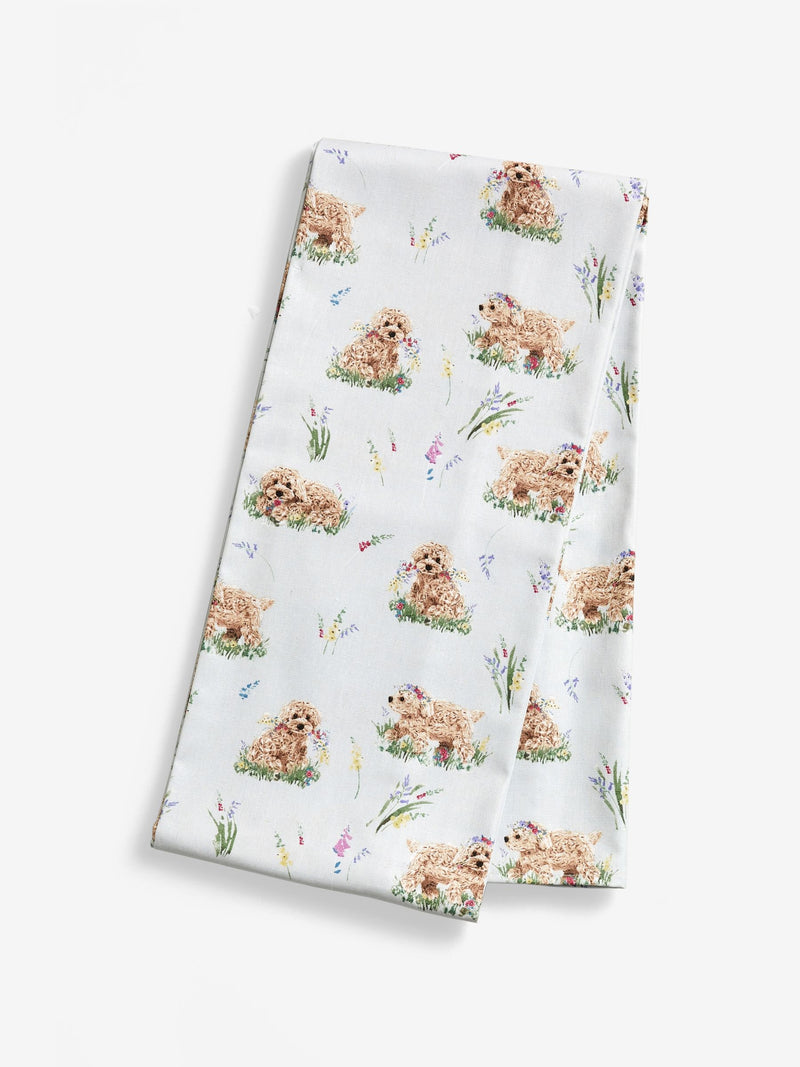 Sage green wipe clean tablecloth featuring Charlie the Cockapoo design (British brand)