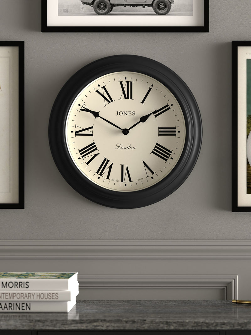 Jones Clocks Black Supper Club Roman Numeral Wall Clock 40cm, UK version