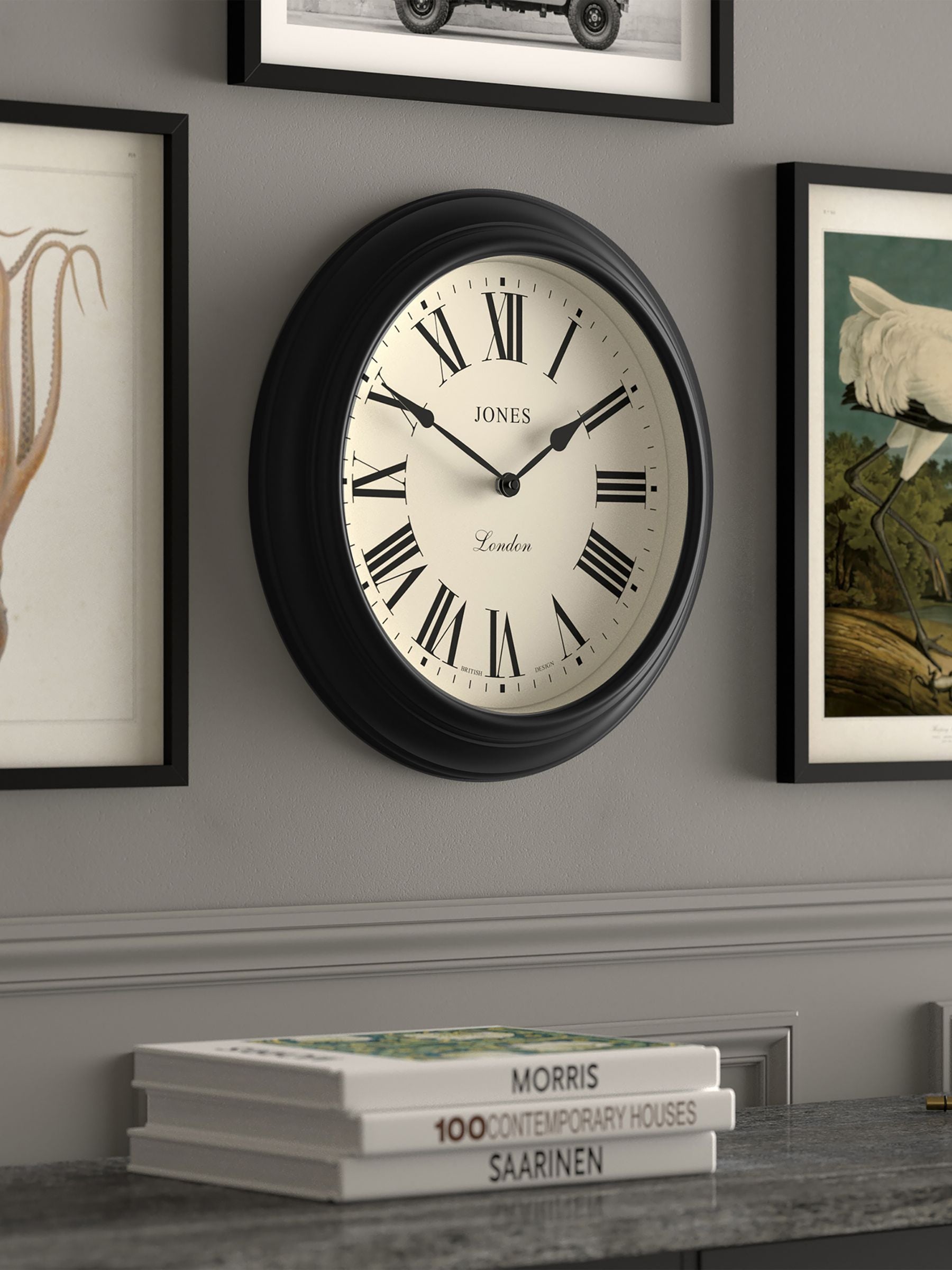 Jones Clocks Black Supper Club Roman Numeral Wall Clock 40cm, UK version