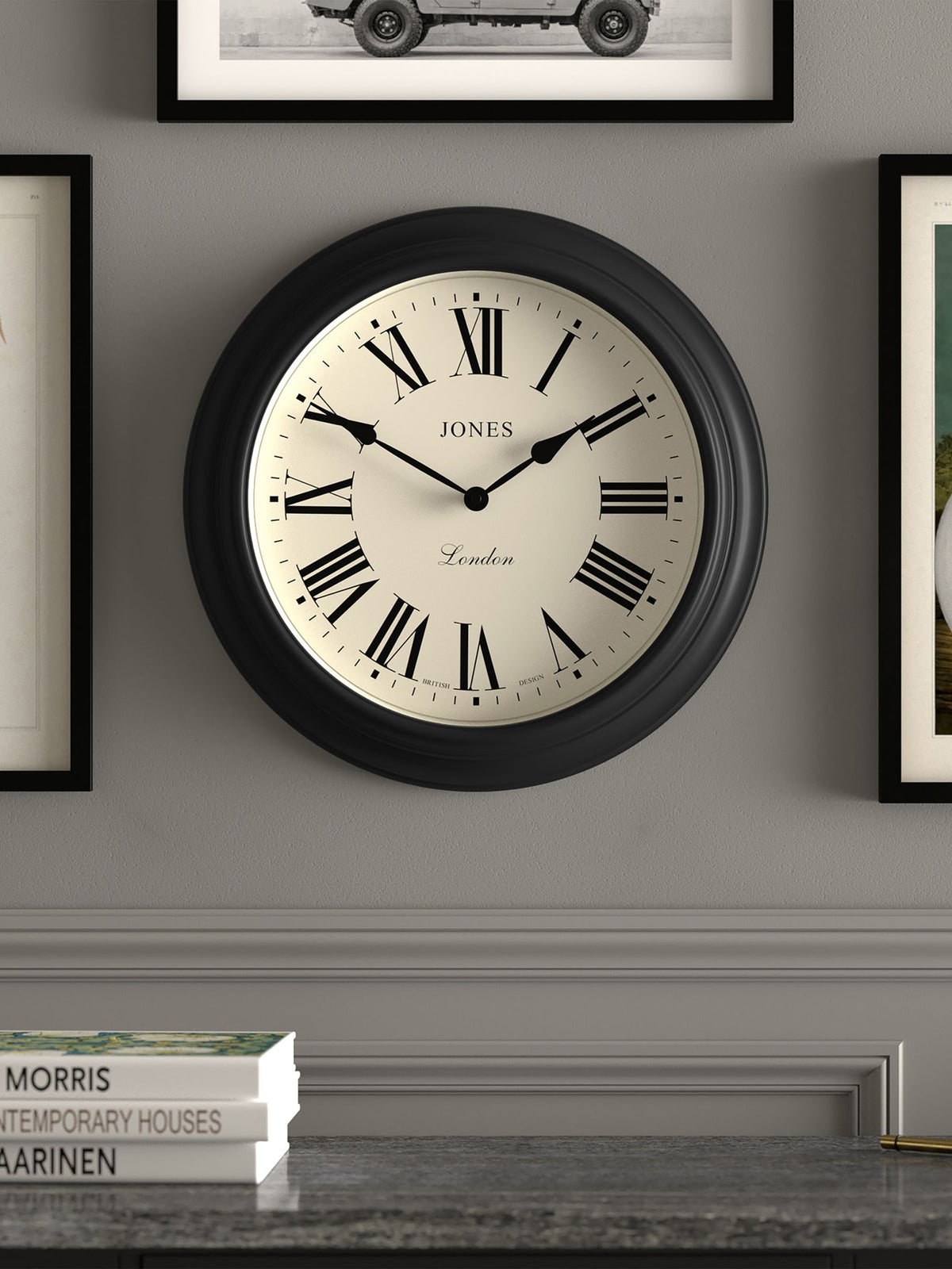Jones Clocks Black Supper Club Roman Numeral Wall Clock 40cm, UK version