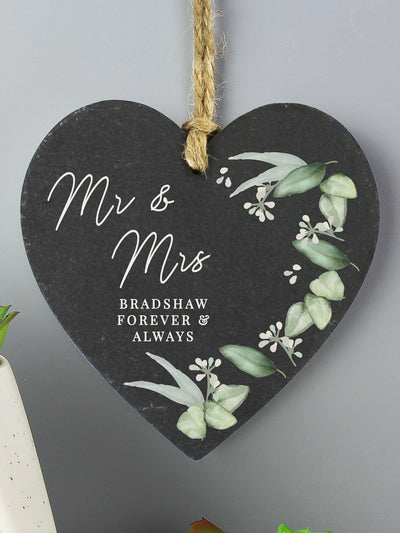 PMC Personalised Botanical Hanging Slate Heart Decoration 11 x 11 x 1cm