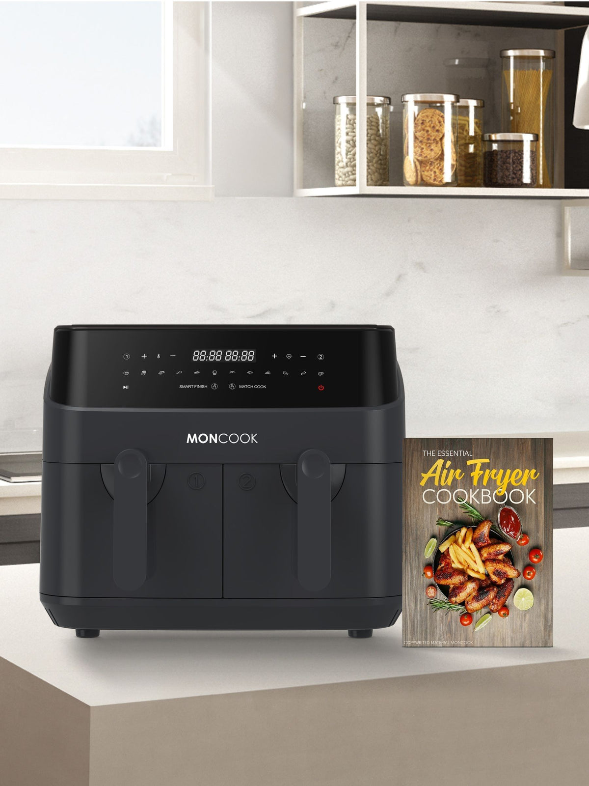 Dual Air Fryer with Two Independent Cooking Zones, 9L Capacity, and Recipe Book for Oil-Free Cooking