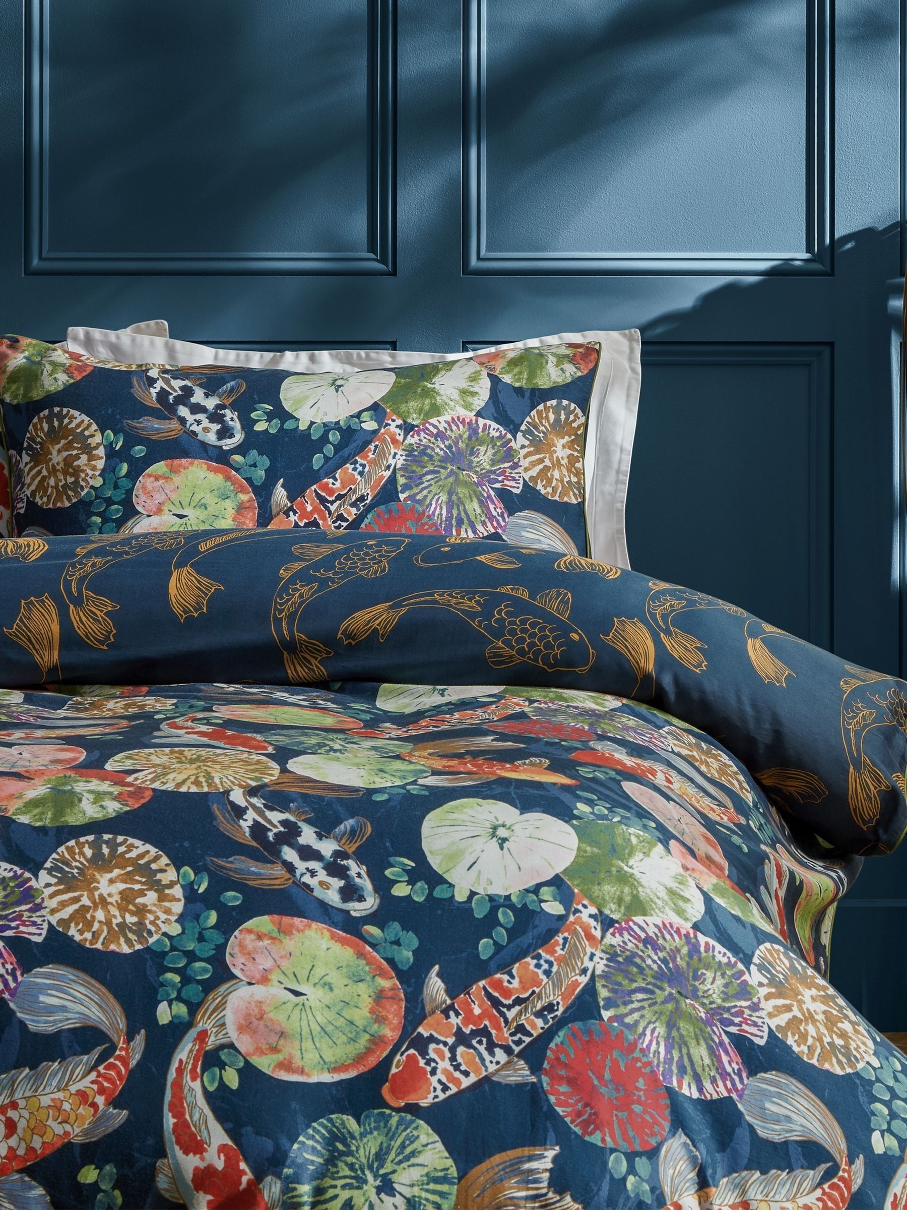 Paoletti Midnight Koi Pond cotton sateen duvet cover set, imported from the UK