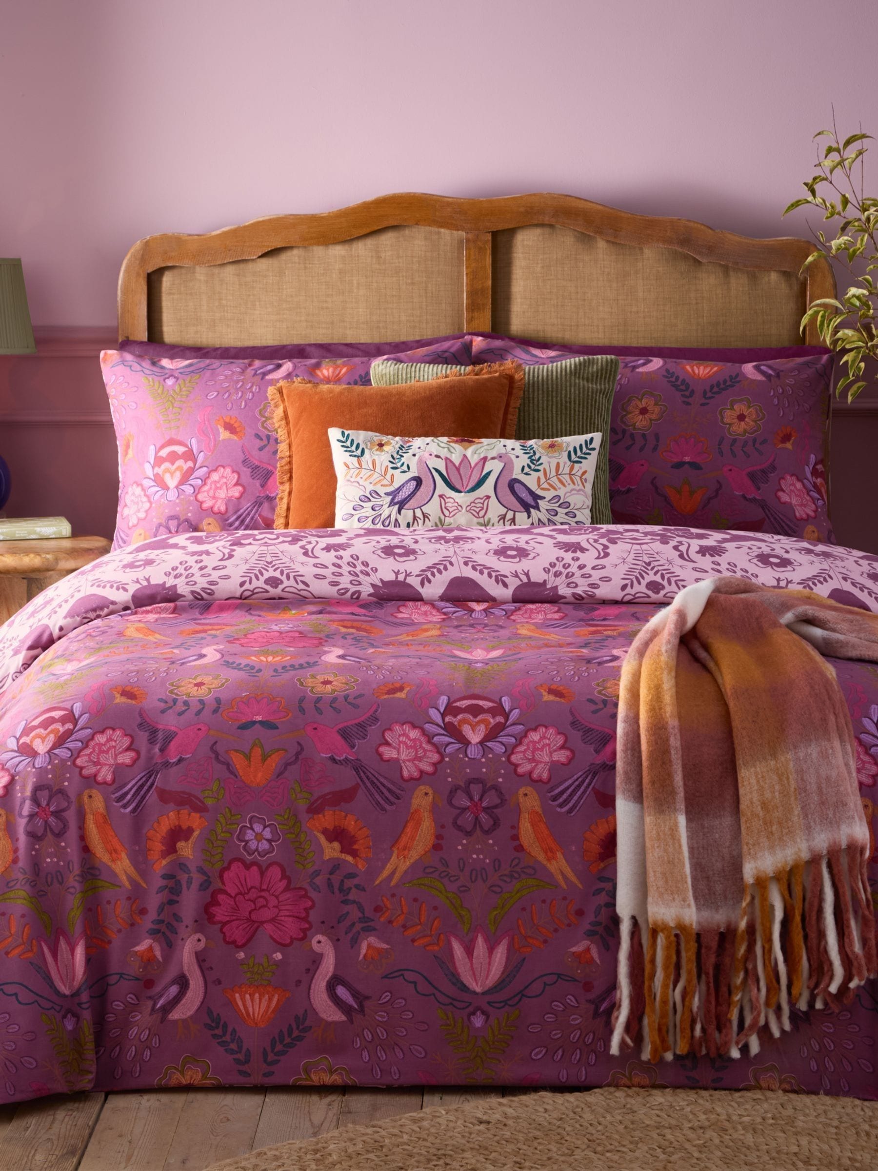 Damson Purple Broderie reversible duvet cover and pillowcase set - British product