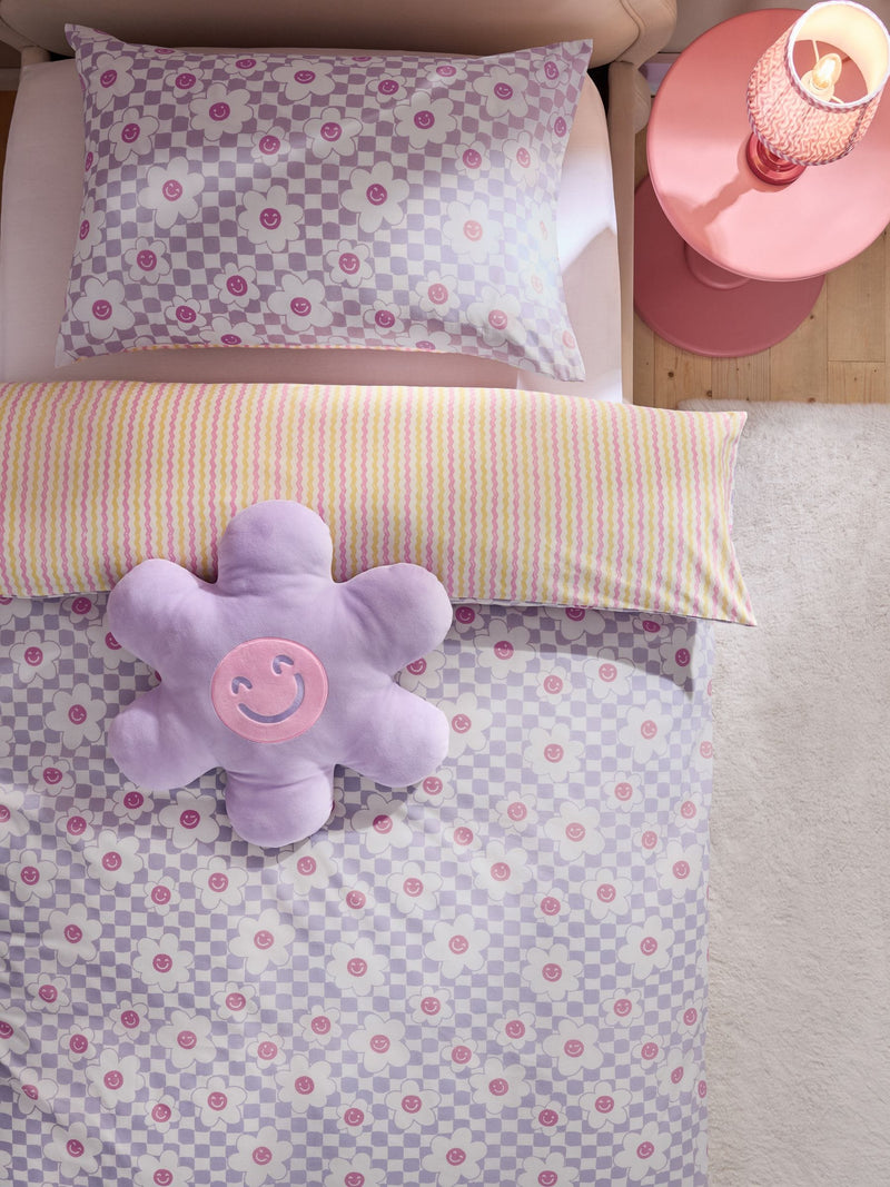 Lilac Flower Checkerboard Duvet Cover and Pillowcase Set