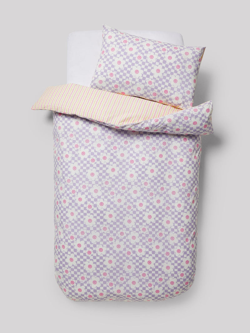 Lilac Flower Checkerboard Duvet Cover and Pillowcase Set