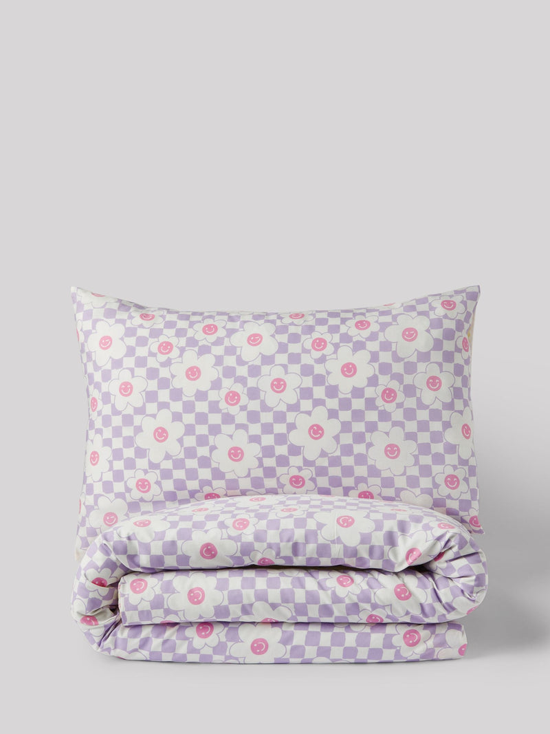 Lilac Flower Checkerboard Duvet Cover and Pillowcase Set