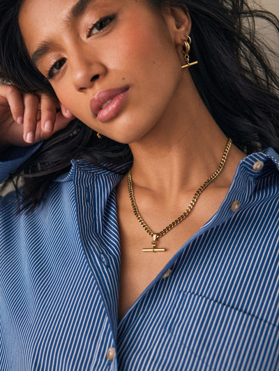 Gold Tone Waterproof Stainless Steel T-Bar Necklace