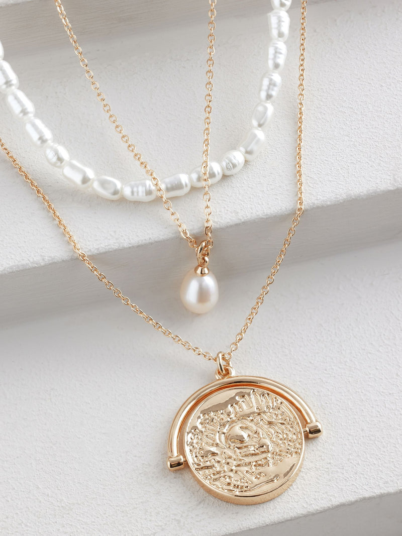 Gold tone pearl effect 3 layer necklace, UK version