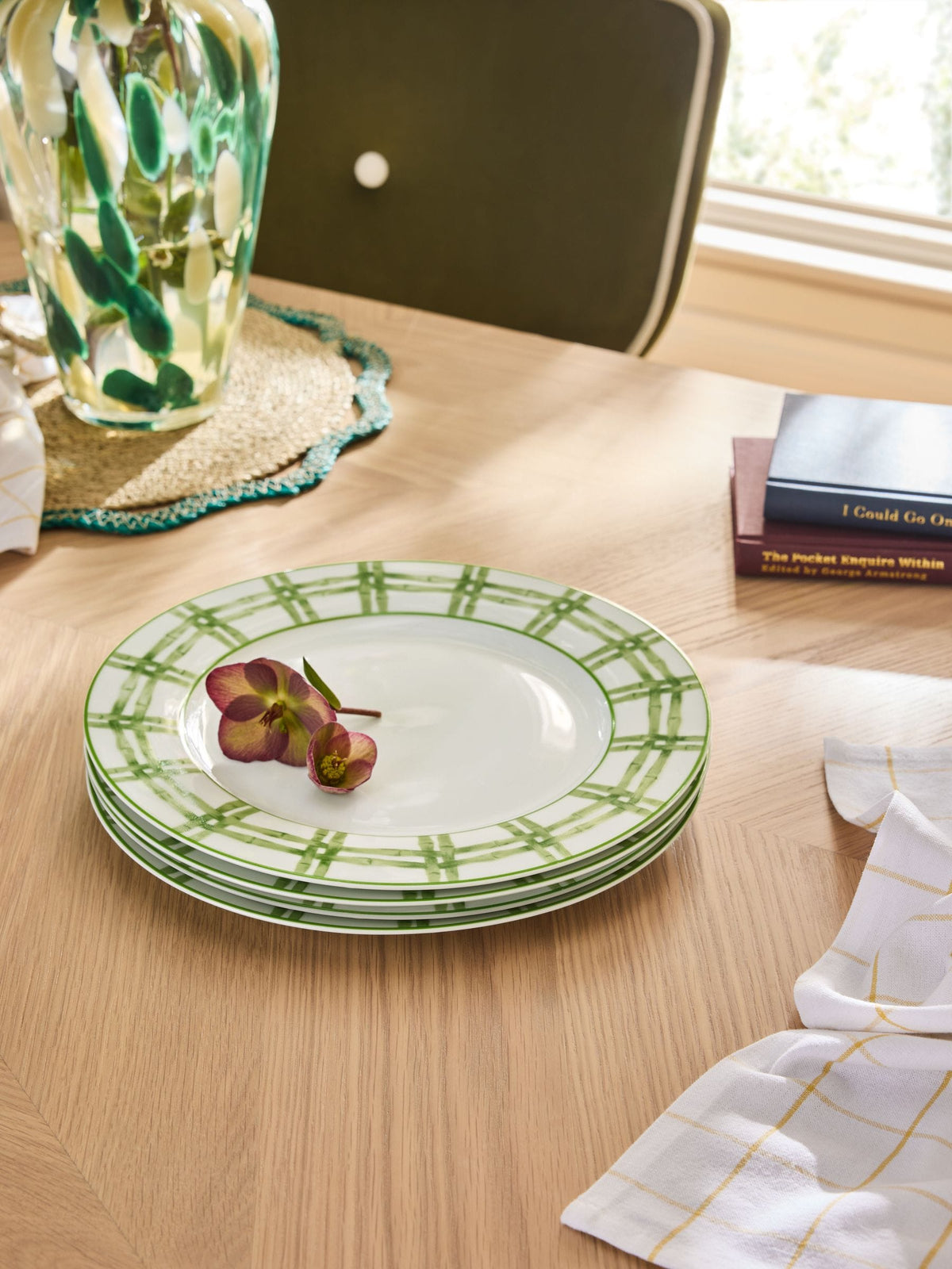 Nina Campbell green/white bamboo plates, set of 4, imported from the UK