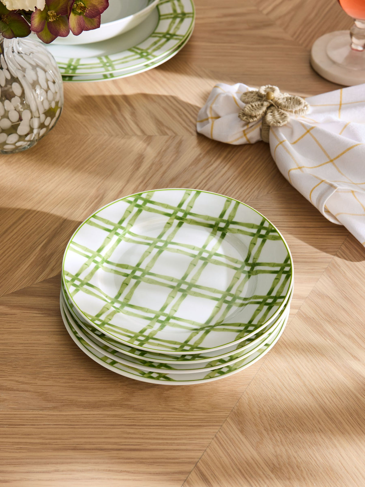 Nina Campbell green/white bamboo side plates 20.5cm diameter, imported from the UK