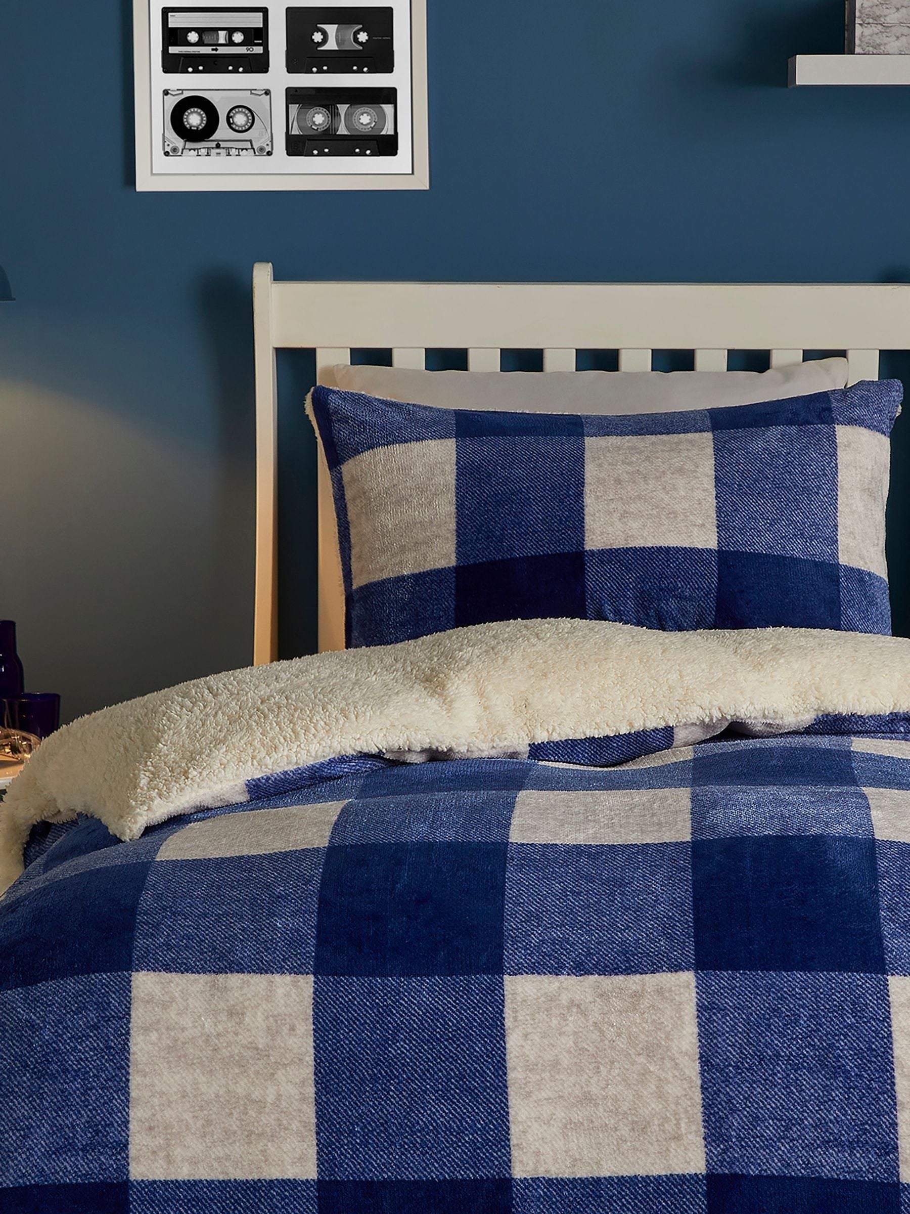 Bedlam Cosy Theo blue gingham plush duvet cover set - British product