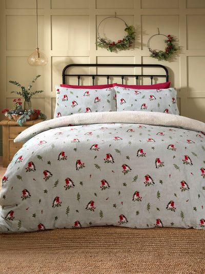 Dreams & Drapes Duck Egg Christmas Winter Robin Plush Duvet Cover Set