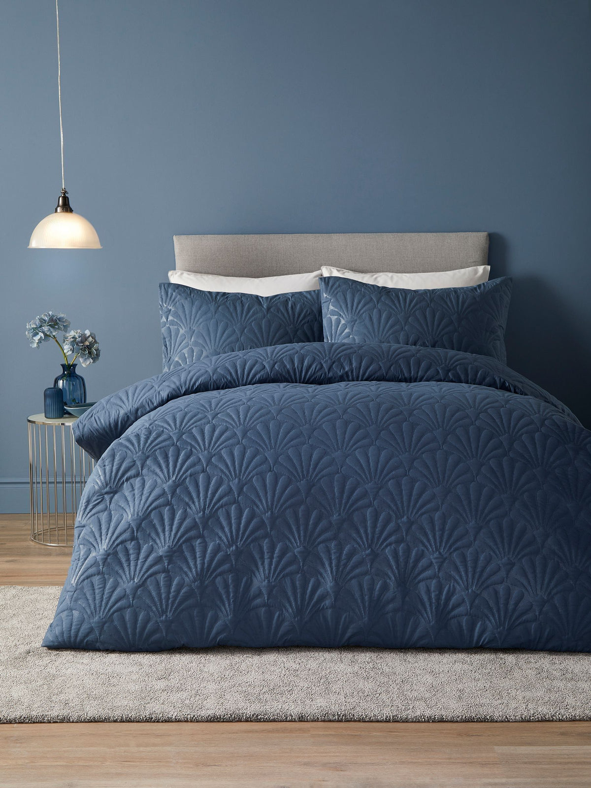 Serene dark blue cavali quilted duvet cover set (British brand)