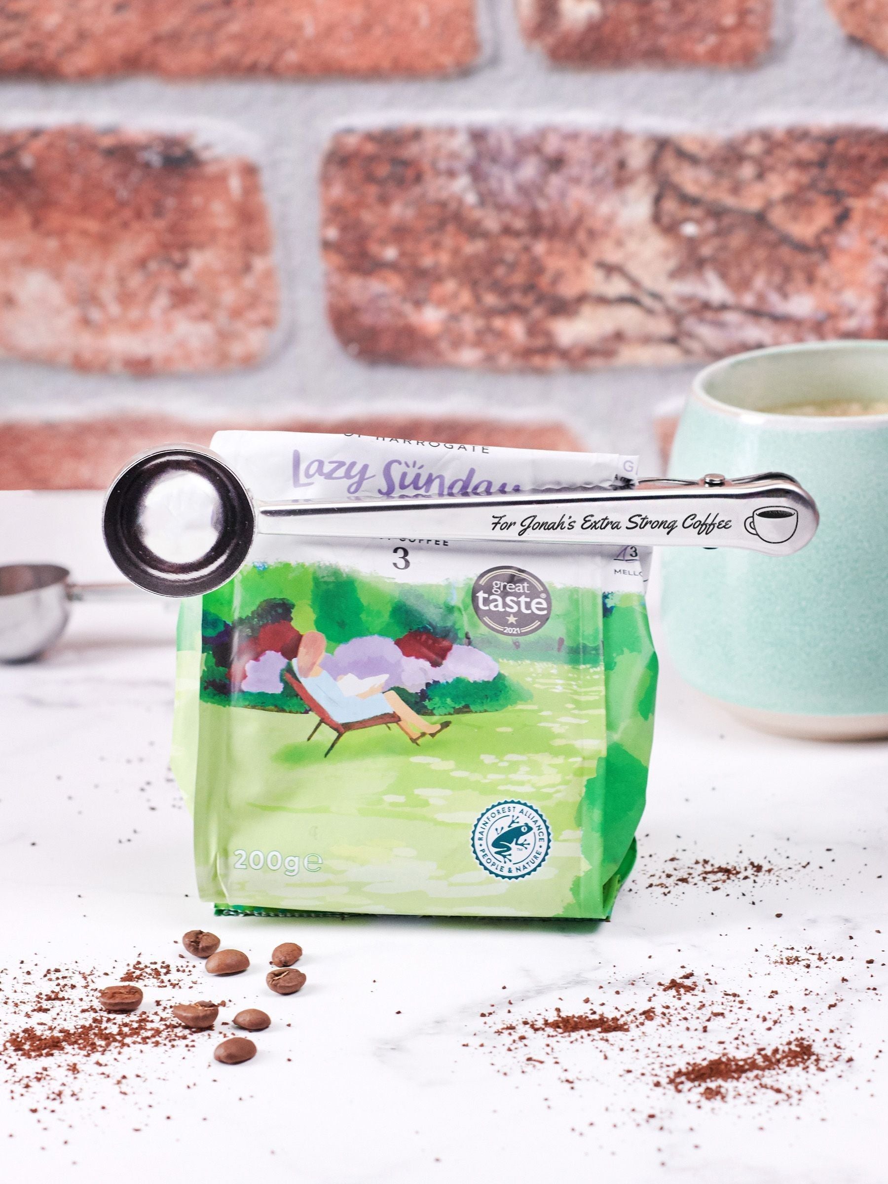 Oakdene personalised coffee scoop and clip measuring 17cm, imported from the UK