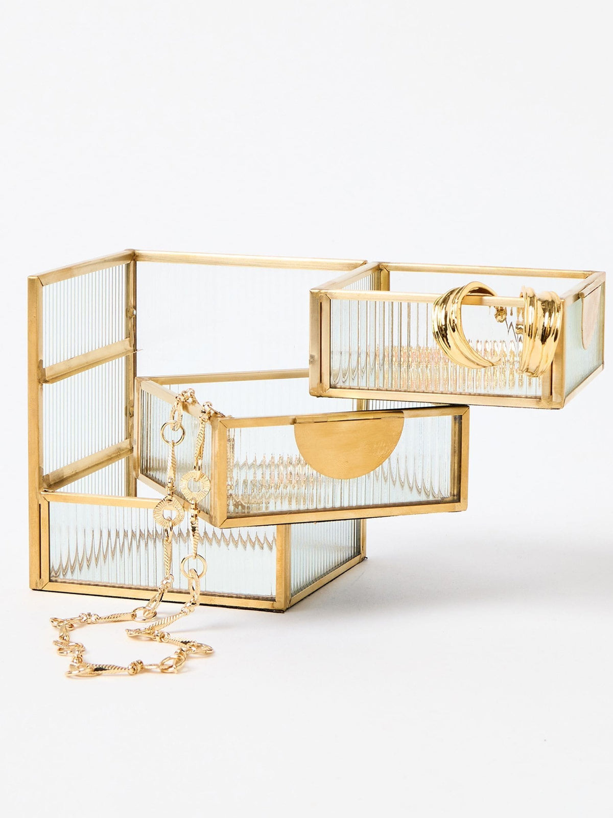 Oliver Bonas gold glass swivel tiered jewellery box, imported from the UK