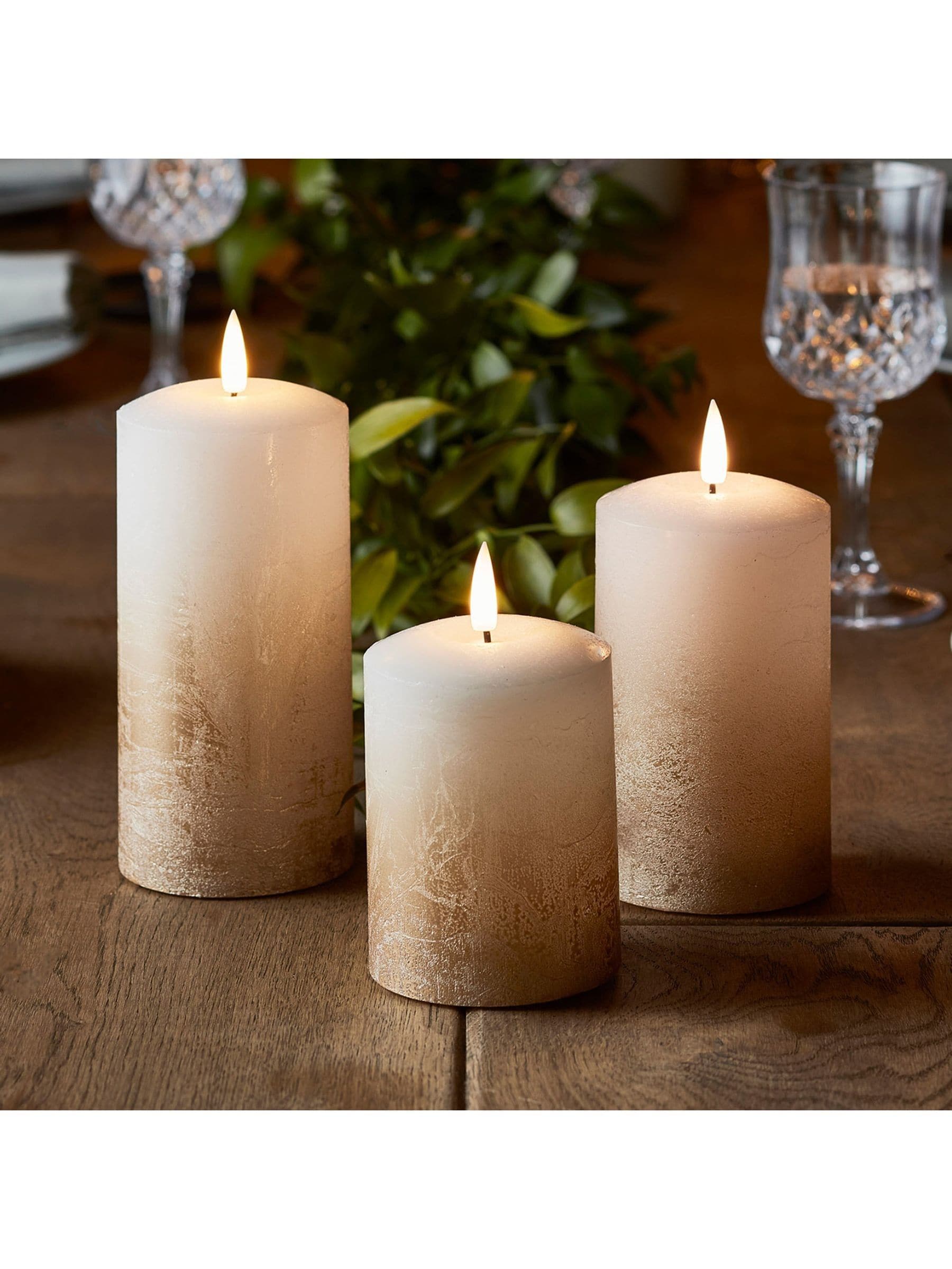 Lights4fun TruGlow bronze ombre LED pillar candle trio 15cm, UK version