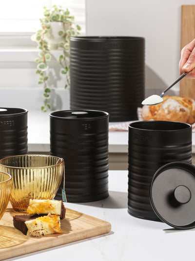 Russell Hobbs 4 Piece Black Ribbed Countertop Storage Set