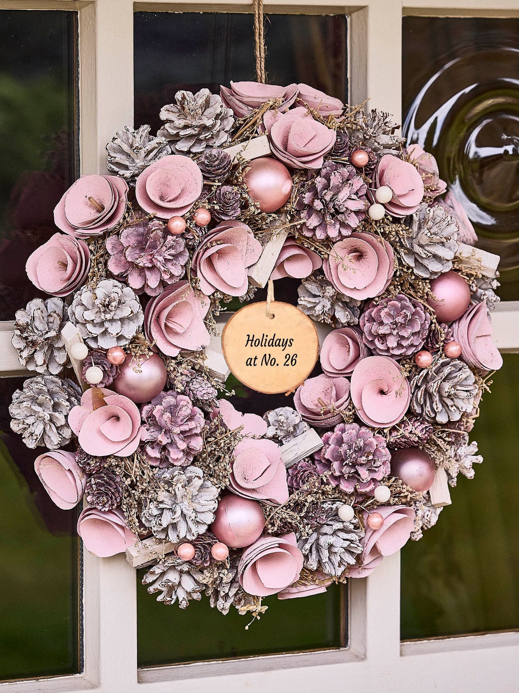 Dibor Personalised Pink Roses Christmas Wreath 38cm, imported from the UK