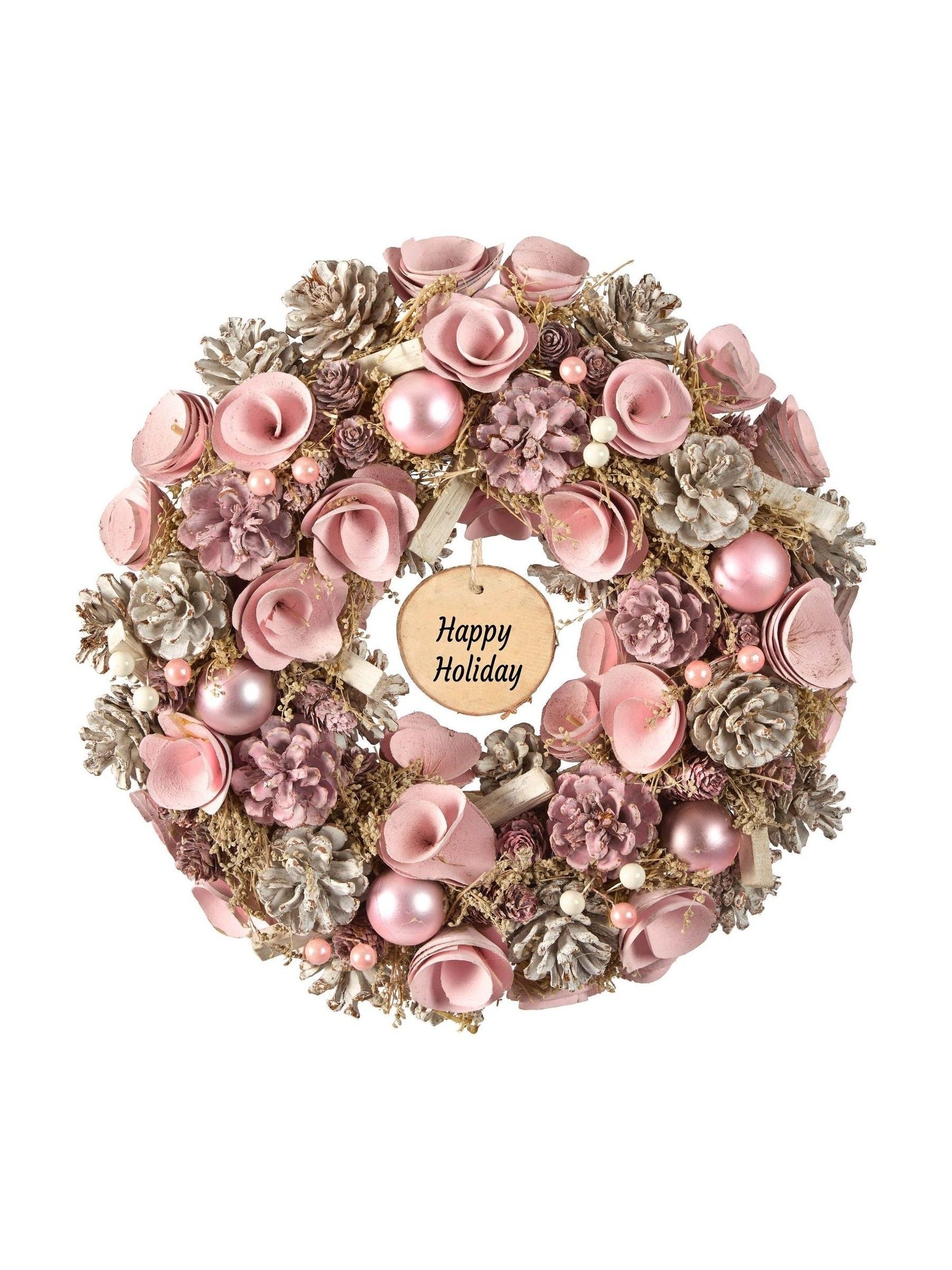 Dibor Personalised Pink Roses Christmas Wreath 38cm, imported from the UK